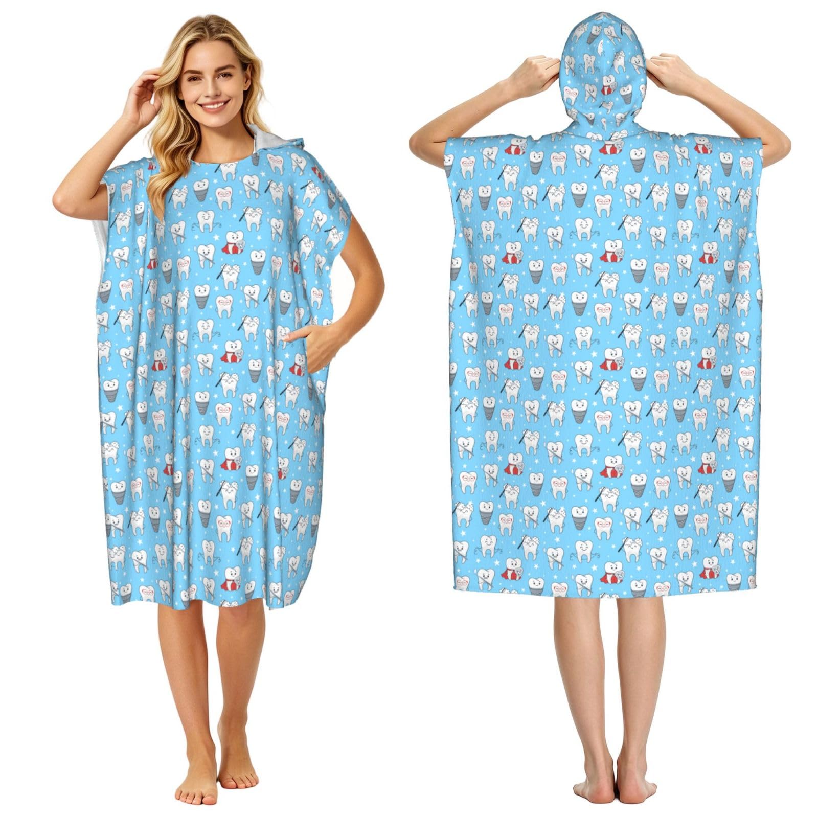 Poadnly Dental Funny Teeth Cartoon Pattern, Adult Hooded Beach Towel 90 x 110 cm,Changing Bath Robe, Surf Poncho Towel For Women Men