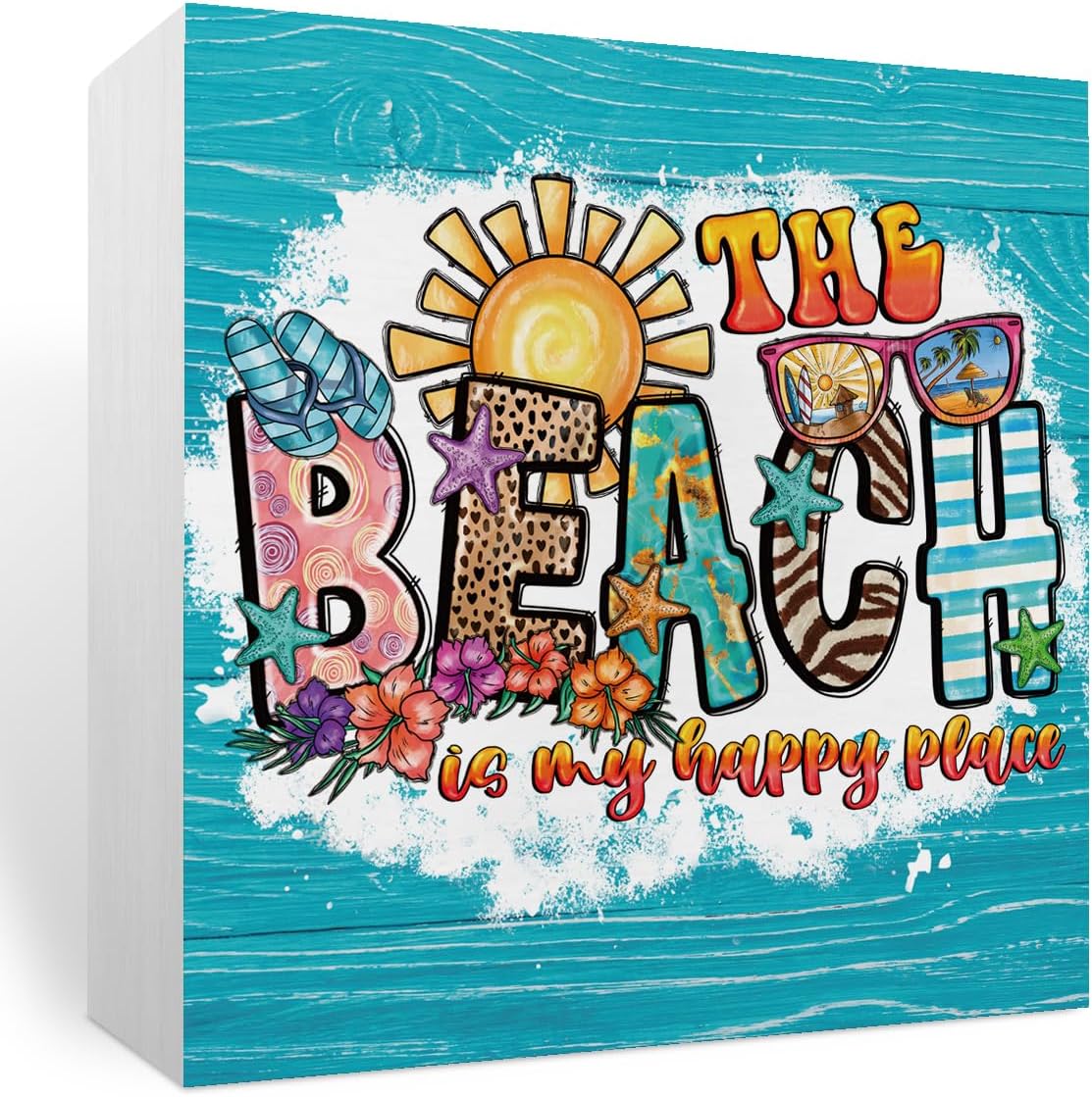 Summer Beach Decor Summer Decorations for Home Coastal Theme Room Starfish Decoration Gifts for Women Men, Rustic Wooden Box Sign for Bathroom Bedroom-The Beach Is My Happy Place