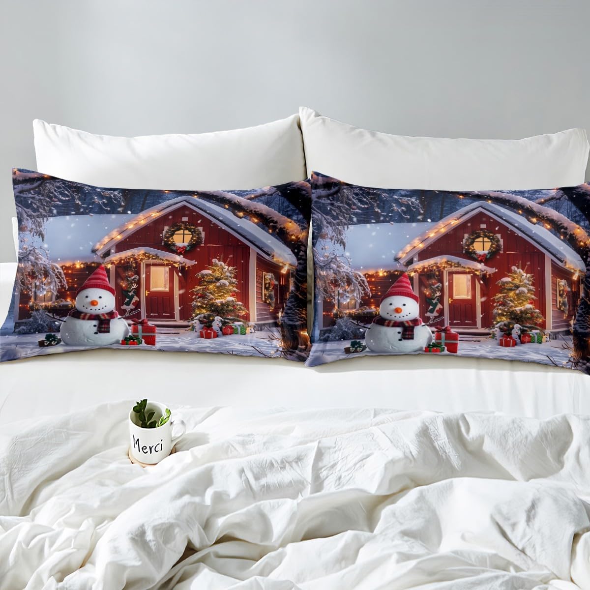 Happy New Year Bedding Set Toddler Size Merry Christmas Duvet Cover for Boys Girls Kids Snowman Winter Themed Comforter Cover Christmas Decorations Bedspread Cover Christmas Eve Bedding