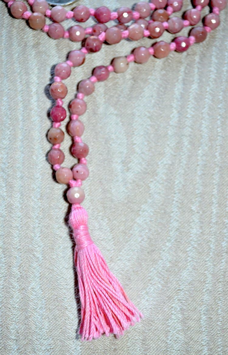Hand Knotted Rhodonite Mala Beads Necklace - 6mm 108 Beads