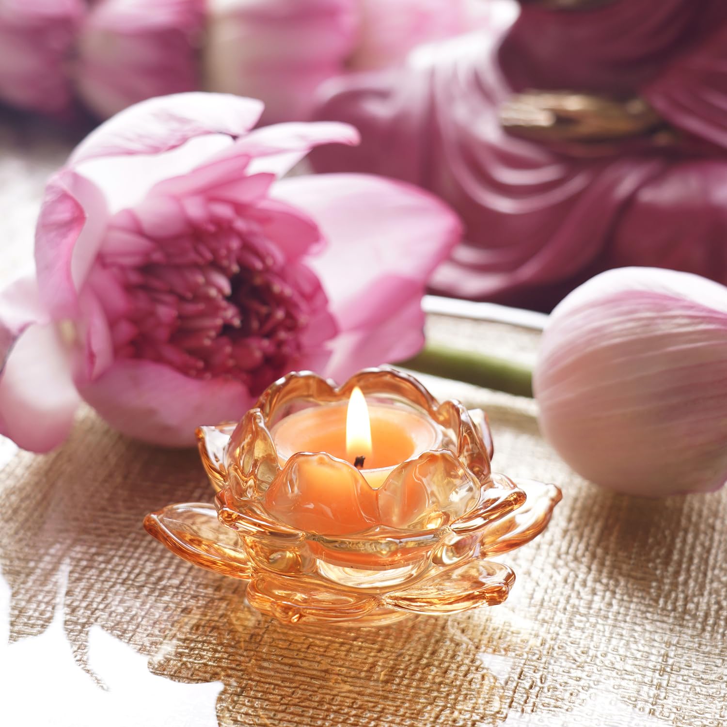 Pure Home + Living Set of 3 Light Amber Glass Lotus Shaped Tealight Holders-image-23