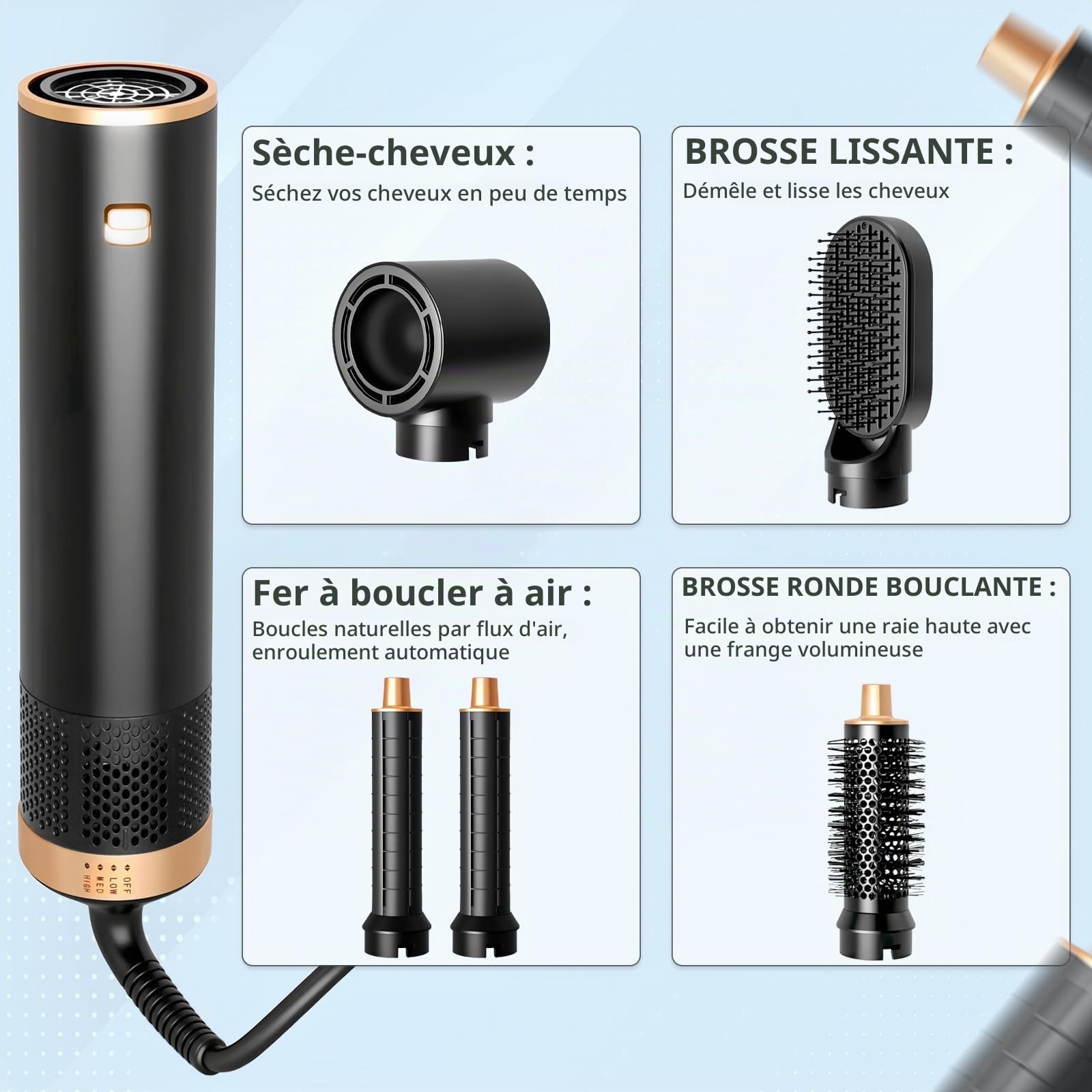 Airbrush 5 en 1, Air Styler 5 en 1, Hairstyler avec Seche Cheveux, Brosse Soufflante, 32mm Fer a Boucler, Thermal Brush, Pas de Dommage Thermique, pour Cheveux Secs, Lissés, Bouclés