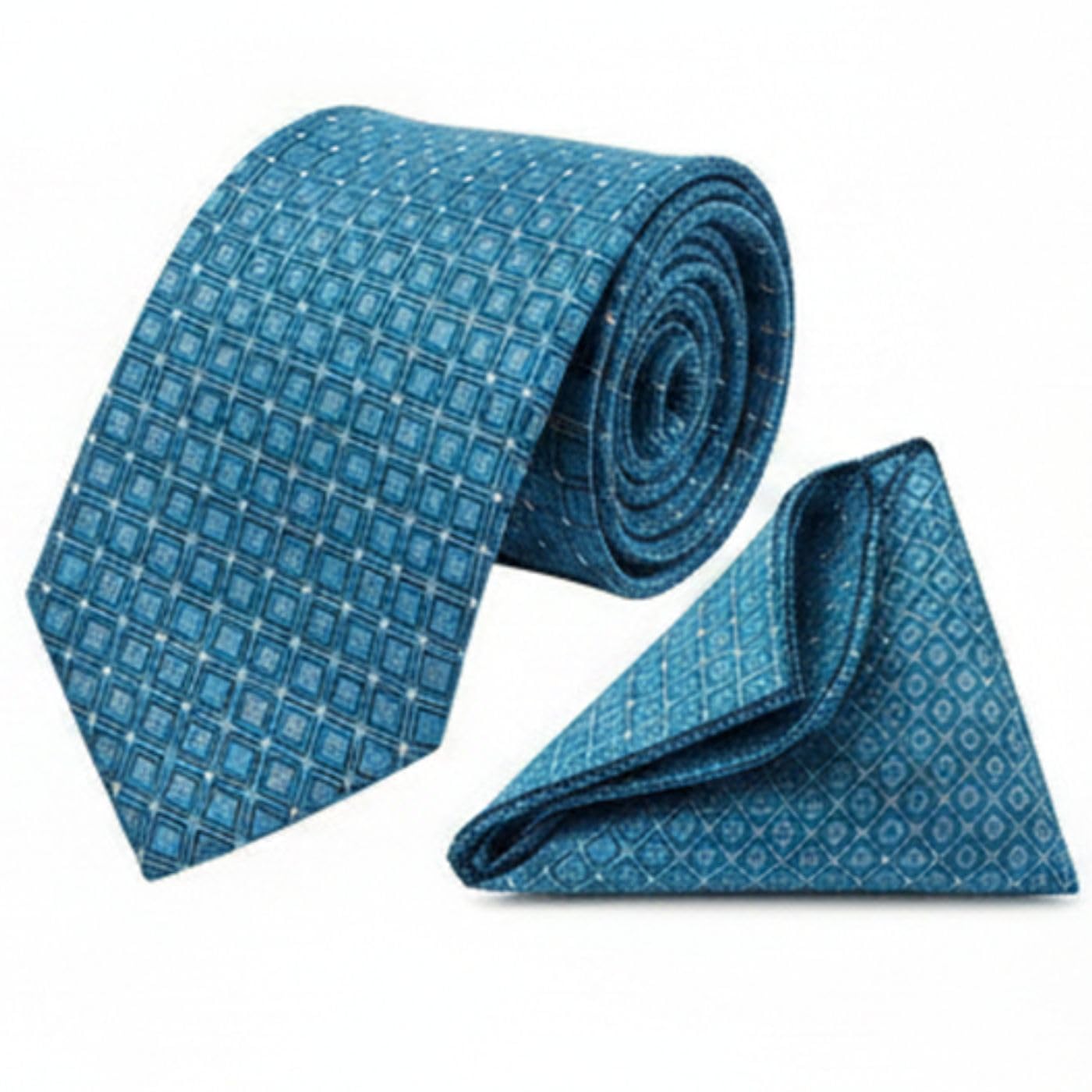 Men'S Turquoise Color With Geometric Square Ties, Micropoly Formal Necktie With Pocket Square, Silky Feel (Pack Of 2).-image-2