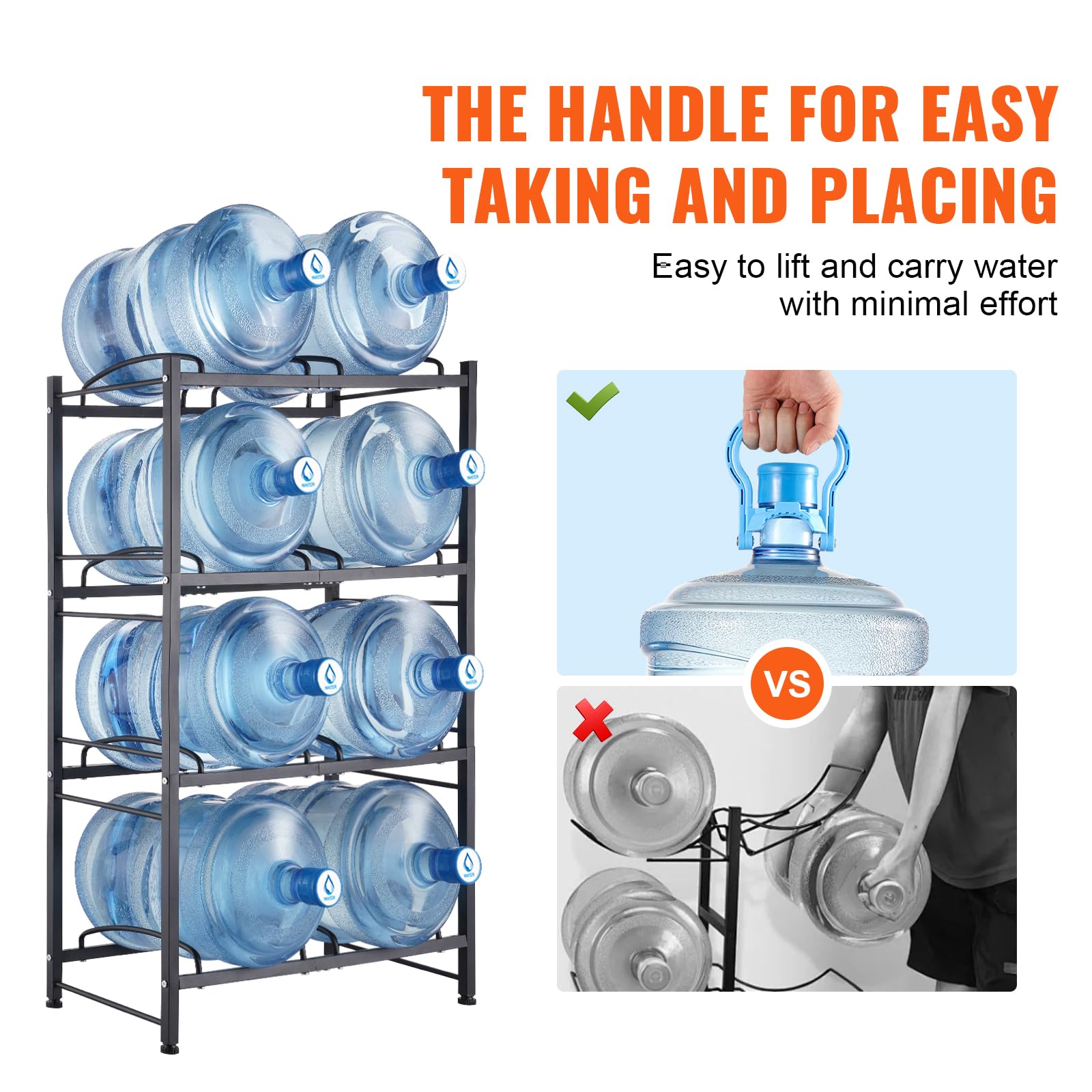 VEVOR Wasserkrughalter mit 4 Ebenen, 5 Gal Wasserflaschenhalter, zweireihiges Wasserflaschenregal aus Eisen für 8 Flaschen, robustes Wasserkrugregal Wasserkrughalter für Küche Büro Wohnzimmer schwarz