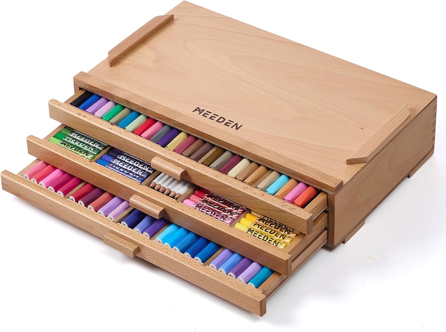 MEEDEN Artist Storage Supply Box: 3-Tier Solid Beech Wood for Artist Supplies with Removable Dividers-Tool Storage Organizer Case for Brushes, Pastels, Pencils, Erasers