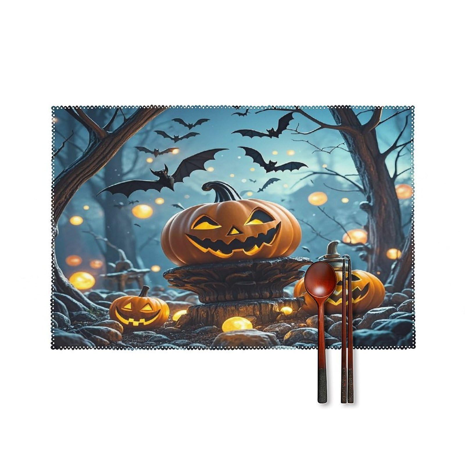 Halloween Flying Bats Placemats Set of 6 Washable Farmhouse Dining Table Mat Non Slip Heat Resistant Non-Slip Place Mats Easy Clean Table Protective Placemats for Indoors & Outdoors