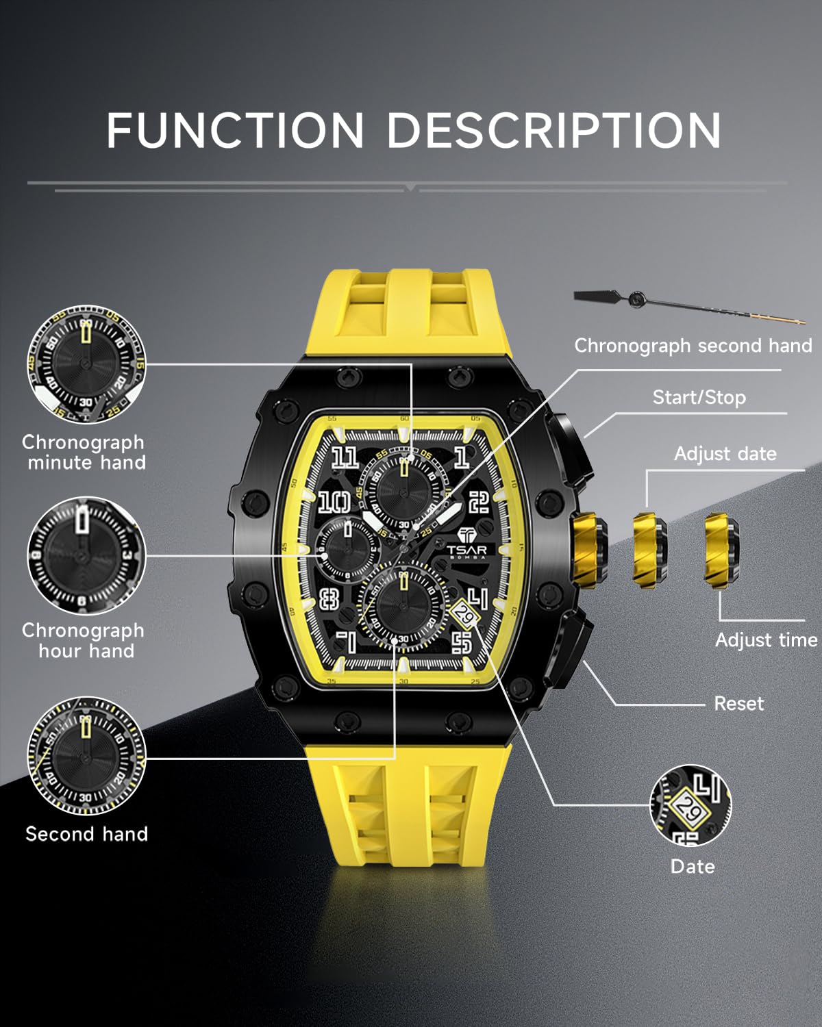 TSAR BOMBA Orologio Uomo Tonneau Design Impermeabile 50M con Cinturino in 316 Acciaio Lunetta Regalo Uomo Militare Cronografo Orologio da Design Elegante