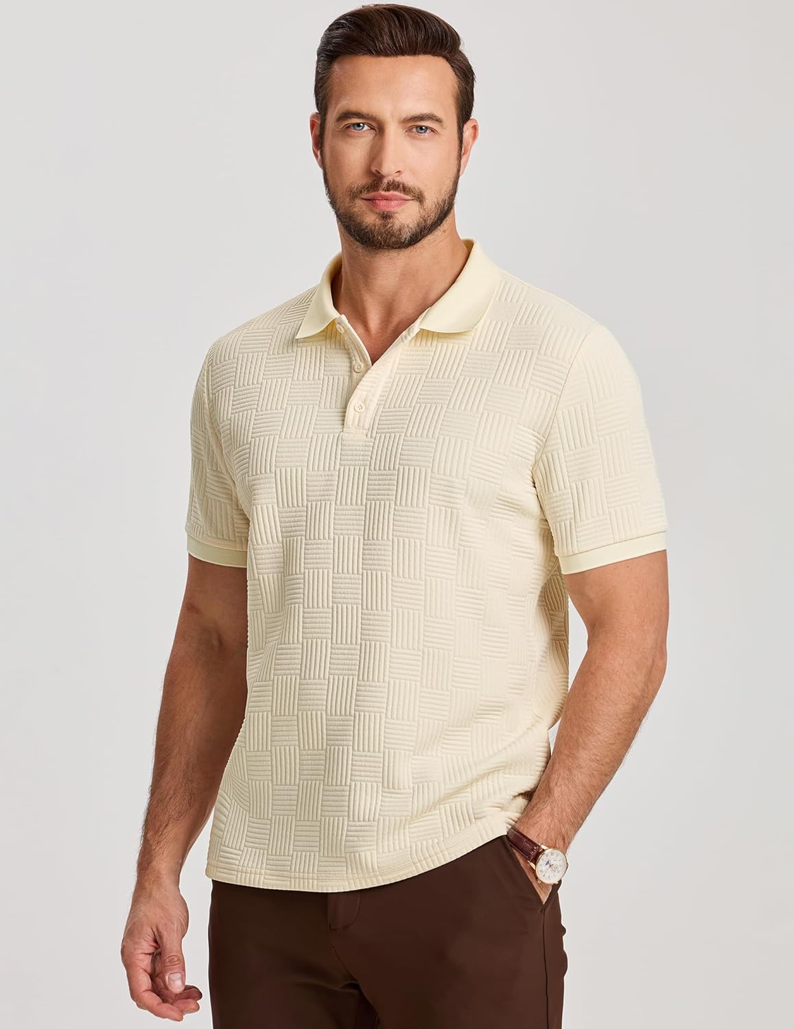 JMIERR Men's Casual Textured Knit Polo Shirt Short Sleeve Stretch Golf T Shirt - Image 2