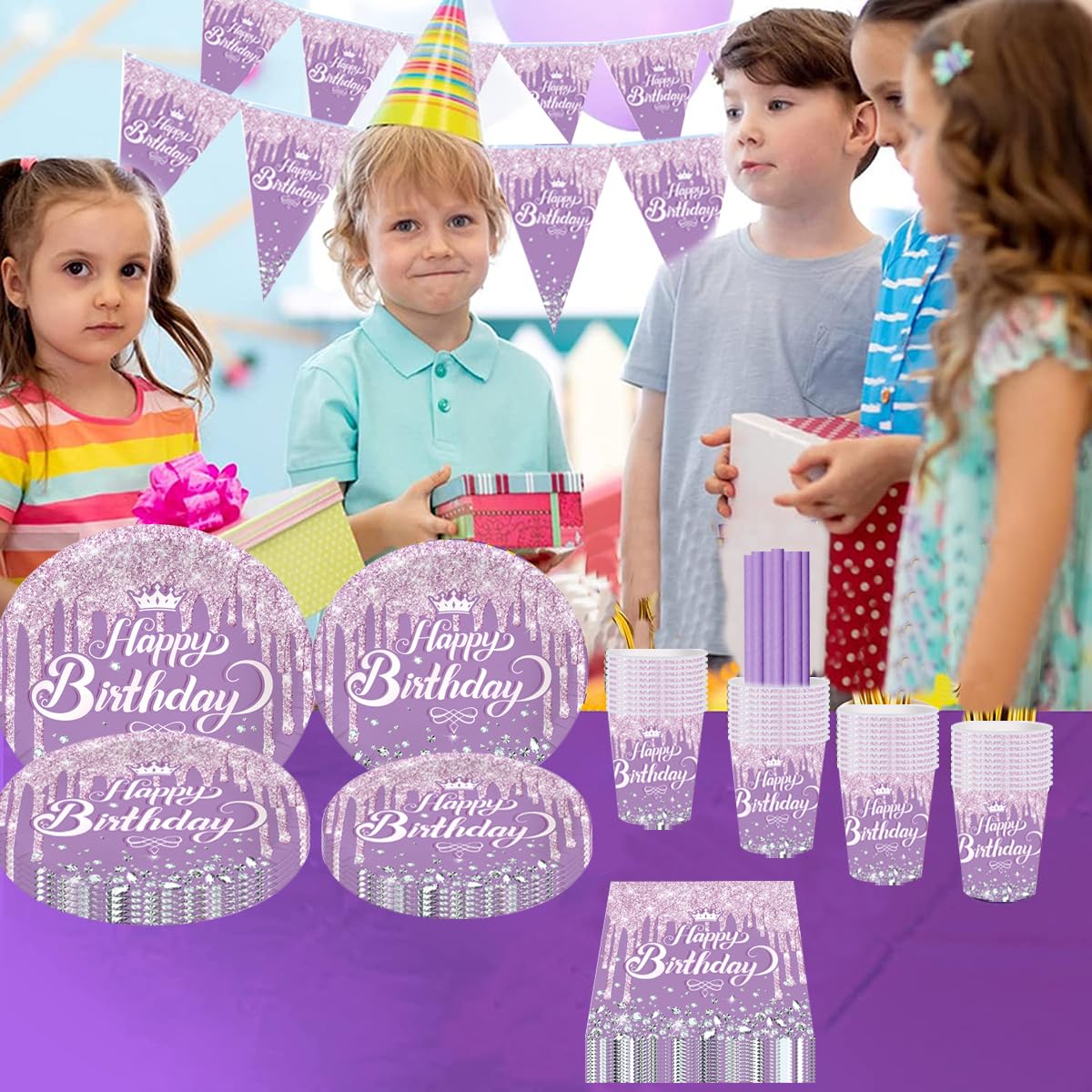 Diamentowe naczynia urodzinowe dla dzieci, zestaw naczyń imprezowych Happy Birthday, zastawa na imprezę urodzinową dla dzieci, 92 sztuki naczyń imprezowych na urodziny dziecka, dekoracja, 10