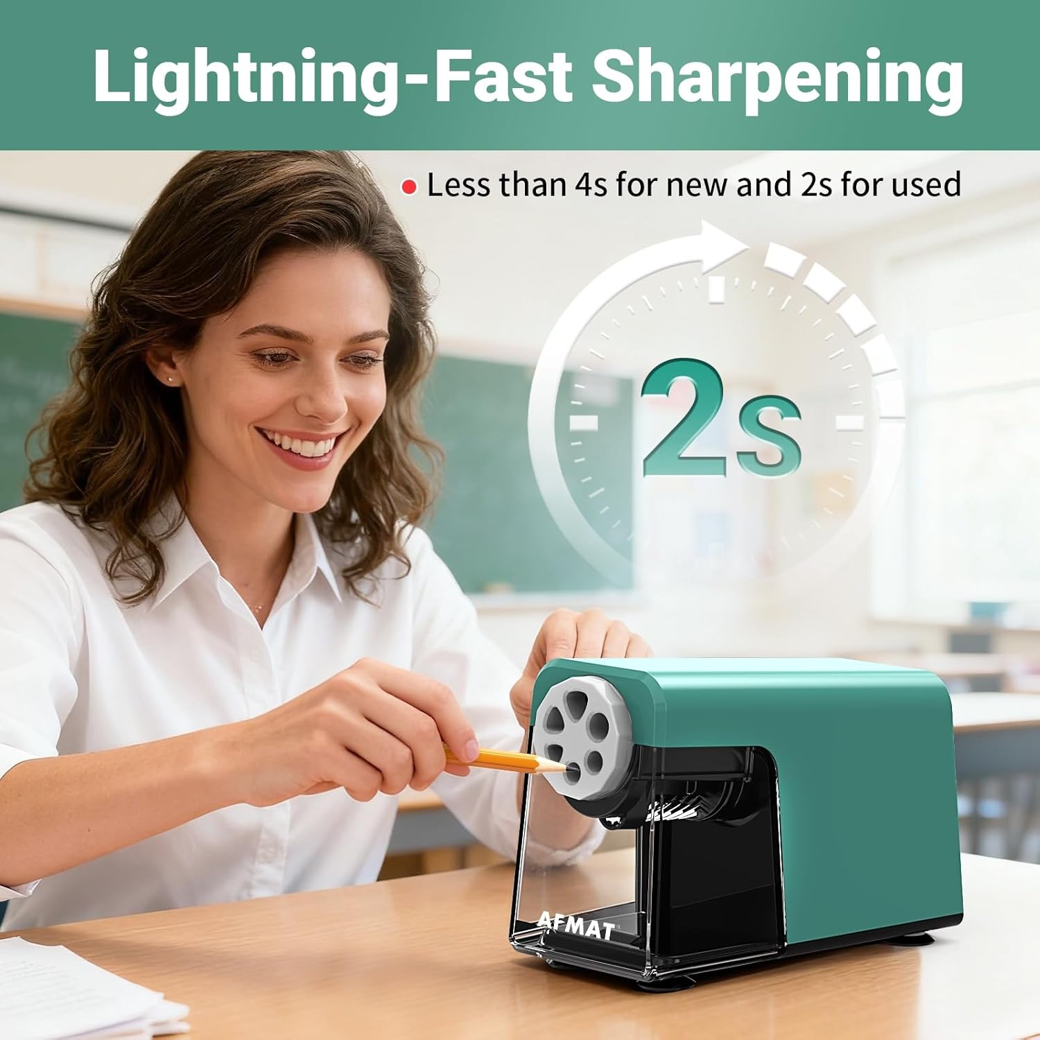AFMAT 6-Hole Pencil Sharpener for Classroom, Cordless & Rechargeable, Heavy Duty Electric Pencil Sharpener for 6-11mm Colored Pencils, Auto Stop, Super Fast, 10,000+ Sharpenings, Battery Powered, PSD1