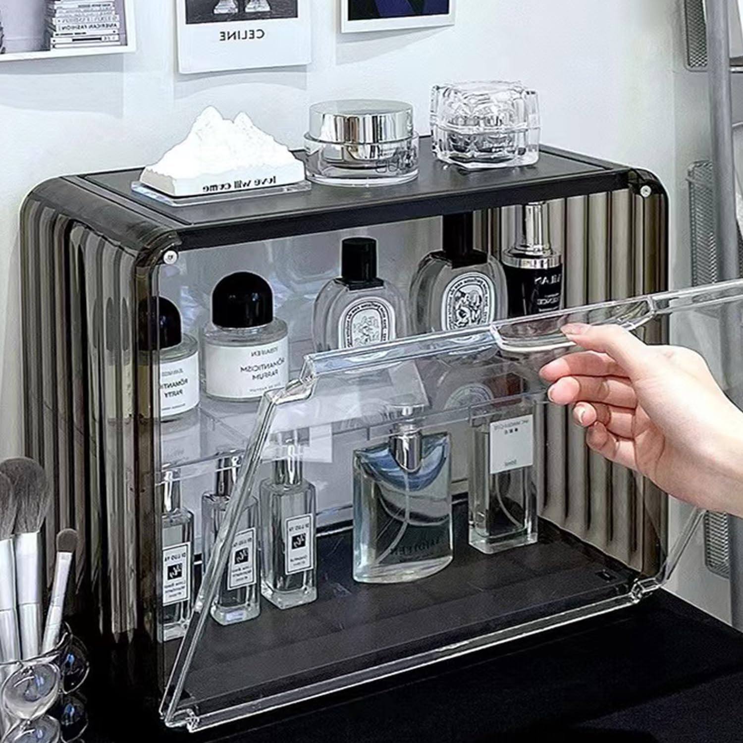 Acrylic Transparent Storage Box Perfume Cosmetic Storage Box Bedroom Dressing Table Display Cabinet Lipstick Skin Care Product Shelf (tea brown)
