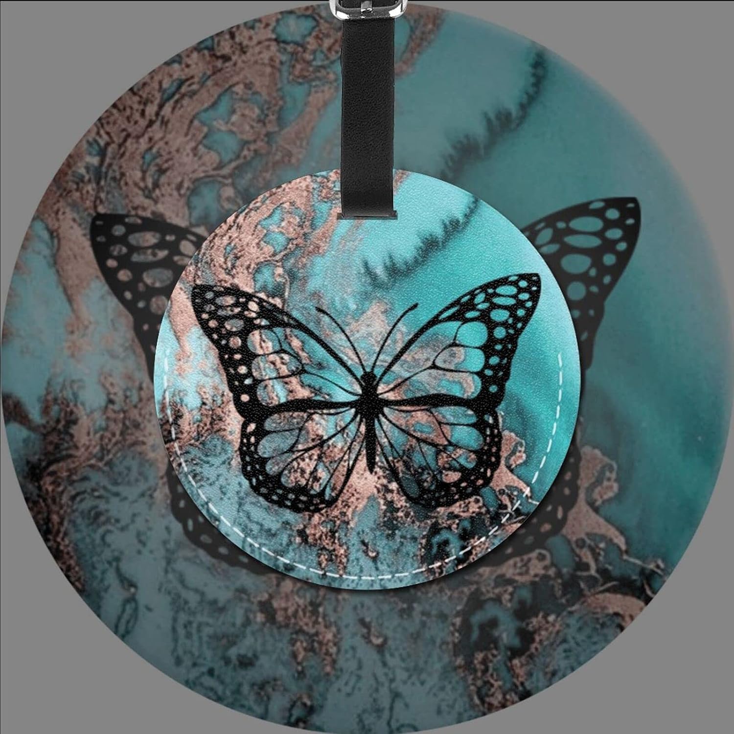 Luggage Tag Black Butterfly Teal Rose Gold Marble, Pu Leather Bag Travel Suitcases Id Identifier Baggage Label for Women Men Boys Girls image 2