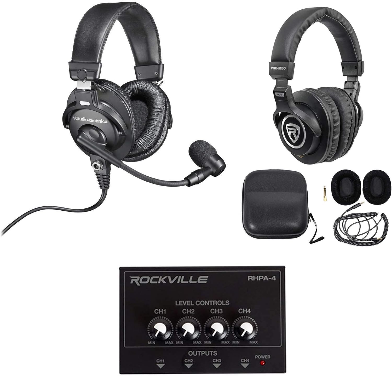 Audio Technica BPHS1 Over-Ear Broadcast Headphones+Studio Headphones+4-Way Amp