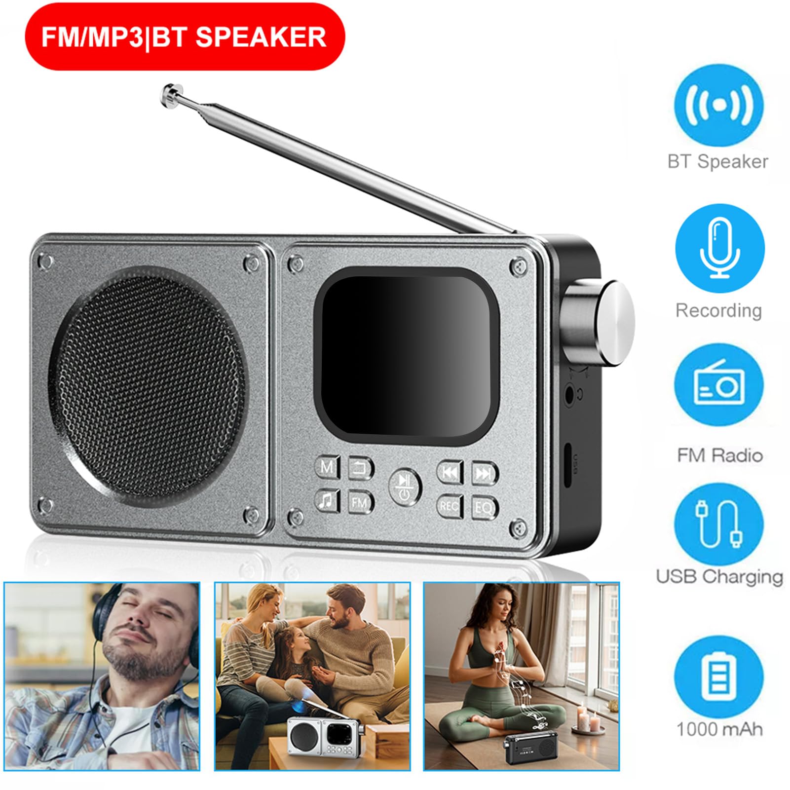Annadue Radio FM Bluetooth Portátil para Viajes Al Aire Libre, Hogar, Pantalla de 2,01 Pulgadas, Reproductor de Música Bluetooth con Altavoz de Graves, Grabadora para Viajeros, En (64G)