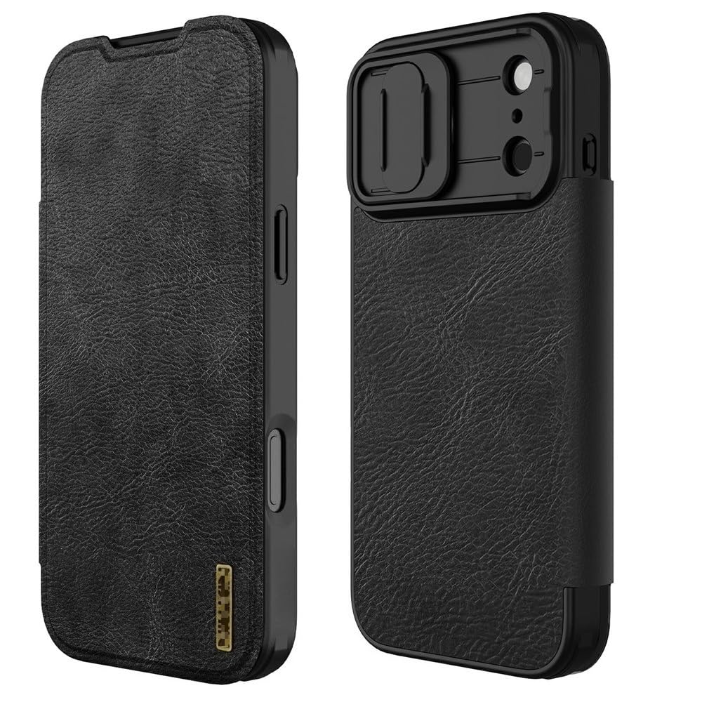 Gruattreay Case Compatible with iPhone 17 Pro Max, PU Leather Flip Case Built-in Card Slot, Slide Camera Cover Lens Privacy Protection Shockproof Protective Cover (Black)