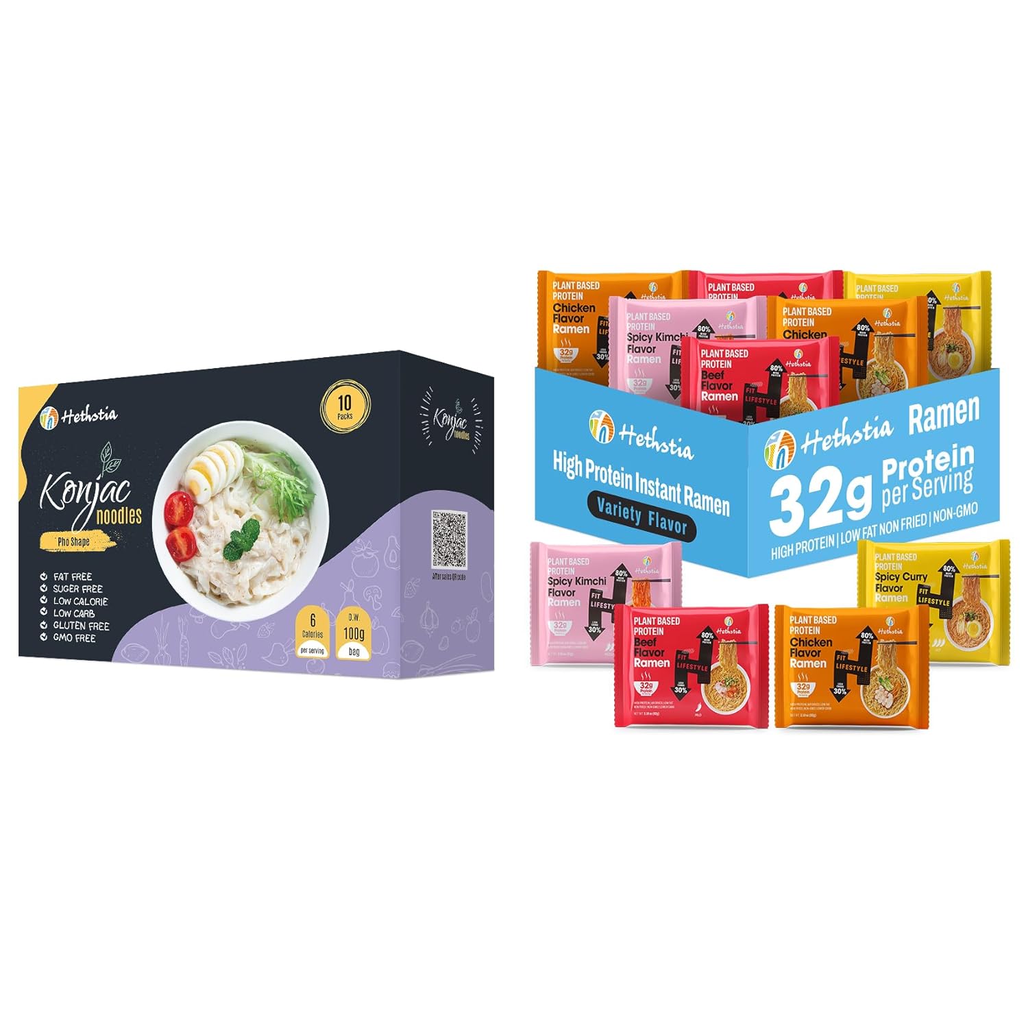 Hethstia Konjac Pho & High-Protein Ramen Variety Pack, Vegan Low Carb Shirataki Pho Noodles & 6-Pack Instant Ramen Cups (Chicken, Beef, Spicy Kimchi, Spicy Curry), 32g Plant Protein, Gluten-Free, Keto