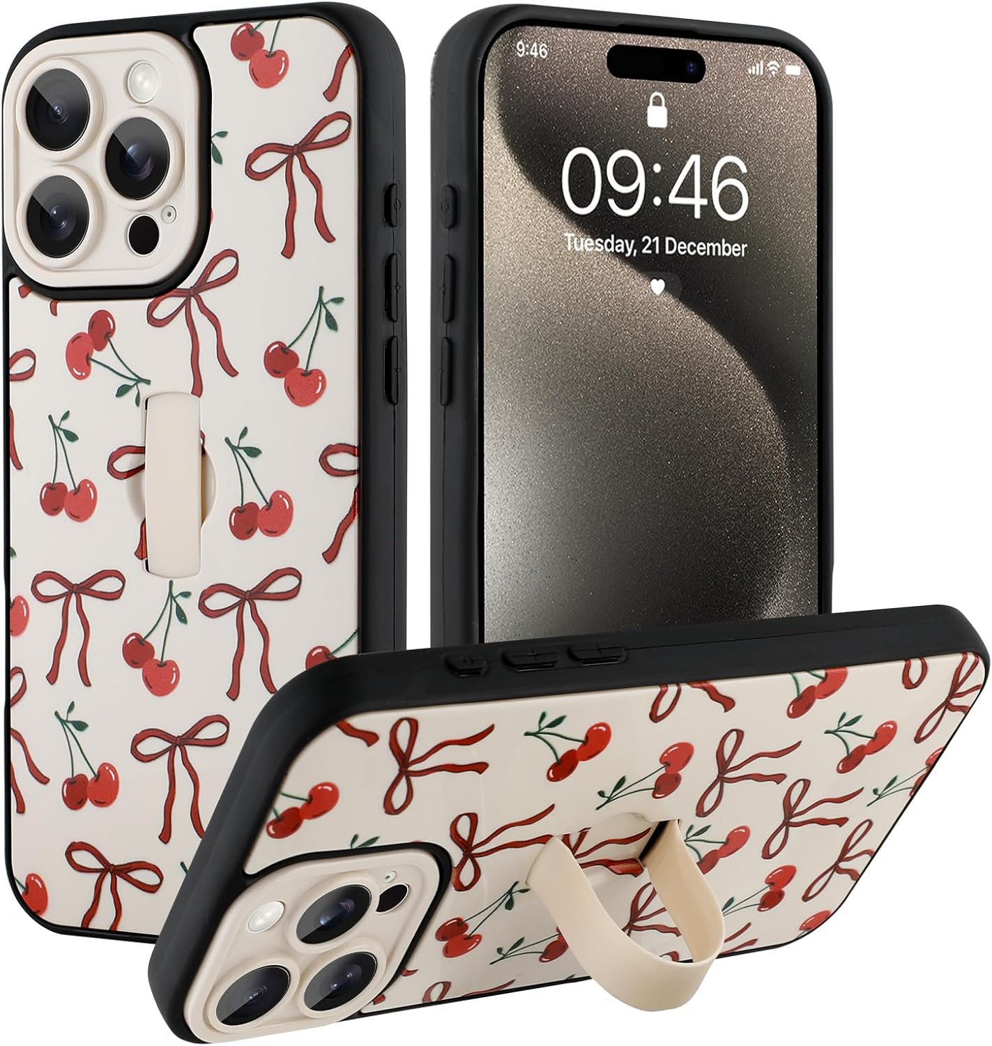 Ufbara Compatible with iPhone 15 Pro Max Case for Women Girls, Cute Cherry Bow Ribbon Bowknot Pattern, Built in Adjustable Wrist Strap Grip Hand Holder Shockproof Kickstand Cover (White)