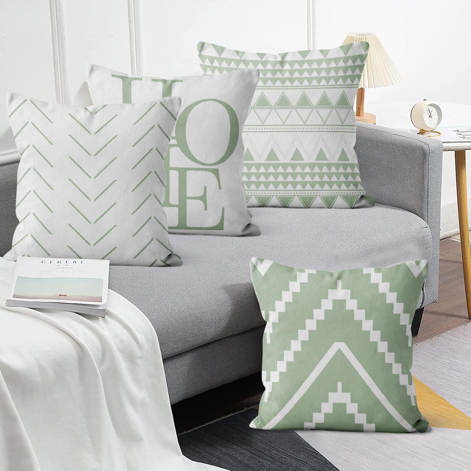 Verde Fundas de Cojín 40x40 Juego de 4, Moderno Geometría Verde Blanco Cuadrado Sofá Decorativo Cojín de Almohada, Masía Rústica Lavable Poliéster Textil Exterior Jardín Funda de Almohada
