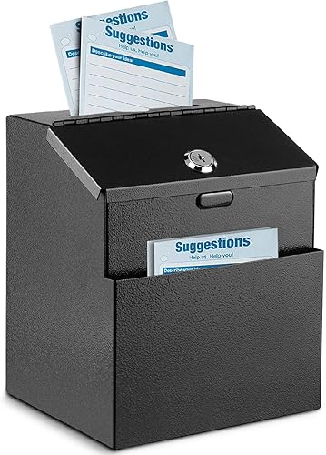 Flexzion Caja de sugerencias con ranura y cerradura, oferta multiusos montada en la pared, urna con candado, caja de donación de metal con 25