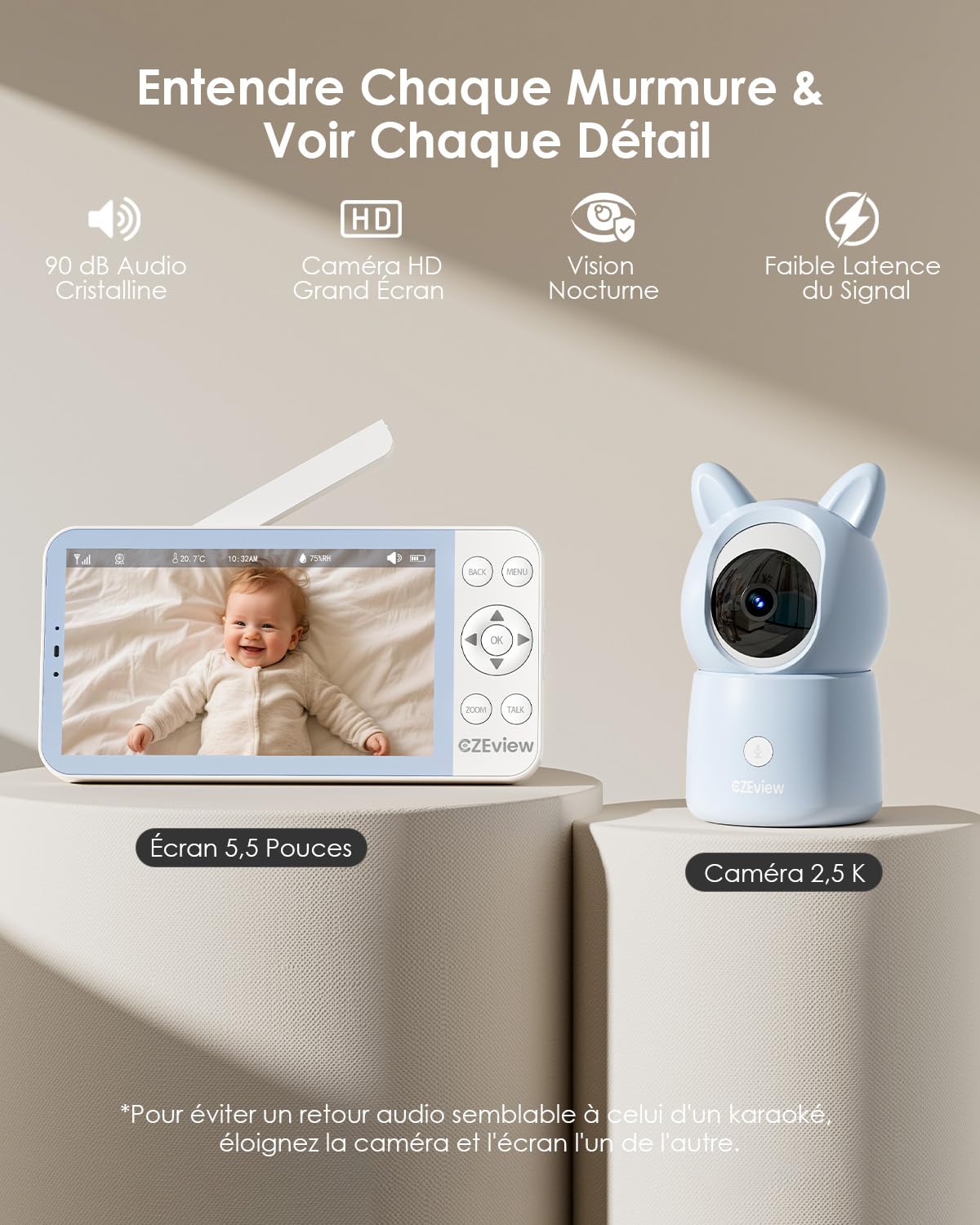 CZEview Babyphone Caméra 2.5K & Ultra Grand Moniteur HD 5,5", Qualité d'image au Top, 360°, APP, Veilleuse & Musique, Vision Nocturne, Caméra Bébé (Bleu (1 pièce)) | écran super clair, vision nocturne, audio bidirectionnel, berceuses, capteur temp., 360°