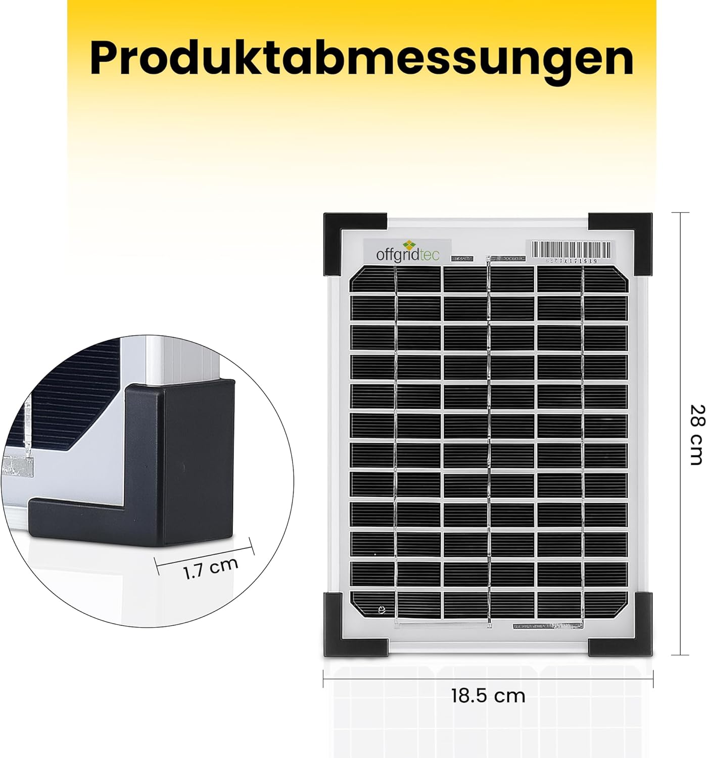 Image showing the dimensions of the Offgridtec 5W solar panel: 28 cm length, 18.5 cm width, and 1.7 cm thickness.