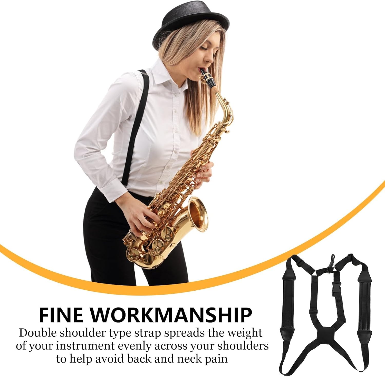 SECFOU Adjustable Black Saxophone Strap Double Shoulder Harness Belt Wide Padded Saxophone Shoulder Strap for Comfortable Instrument Support