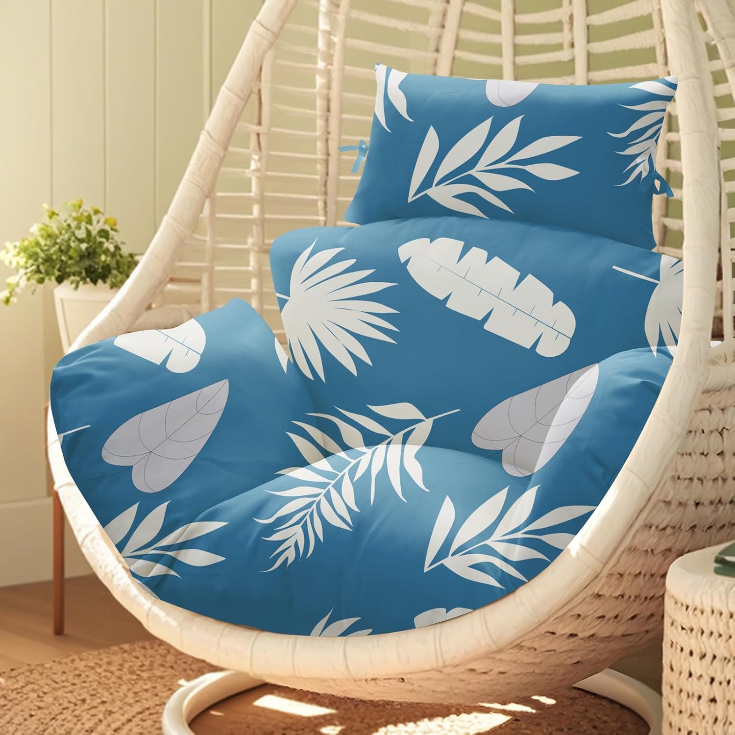 Waterproof Egg Chair Cushion Replacement 47x31.5x4.7 inch Thicken Hanging Egg Swing Chair Cushion Indoor Outdoor Wicker Rattan Hammock Basket Cushion with Headrest Pillow, Blue Leaf 4#