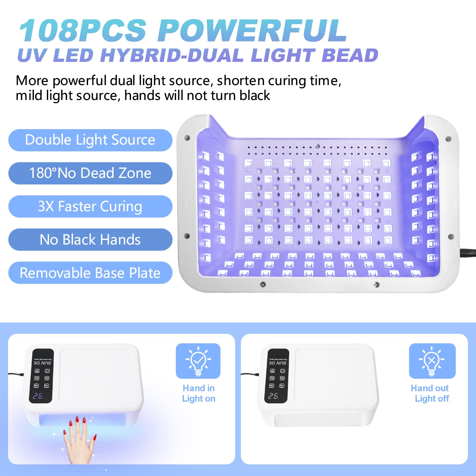 Lampada UV LED per unghie da 480 W con display LCD, asciuga unghie professionale, asciugatura gel UV con 140 perline (108 UV + 32 rossi), 4 modalità timer e touch screen, vassoio rimovibile, per gel