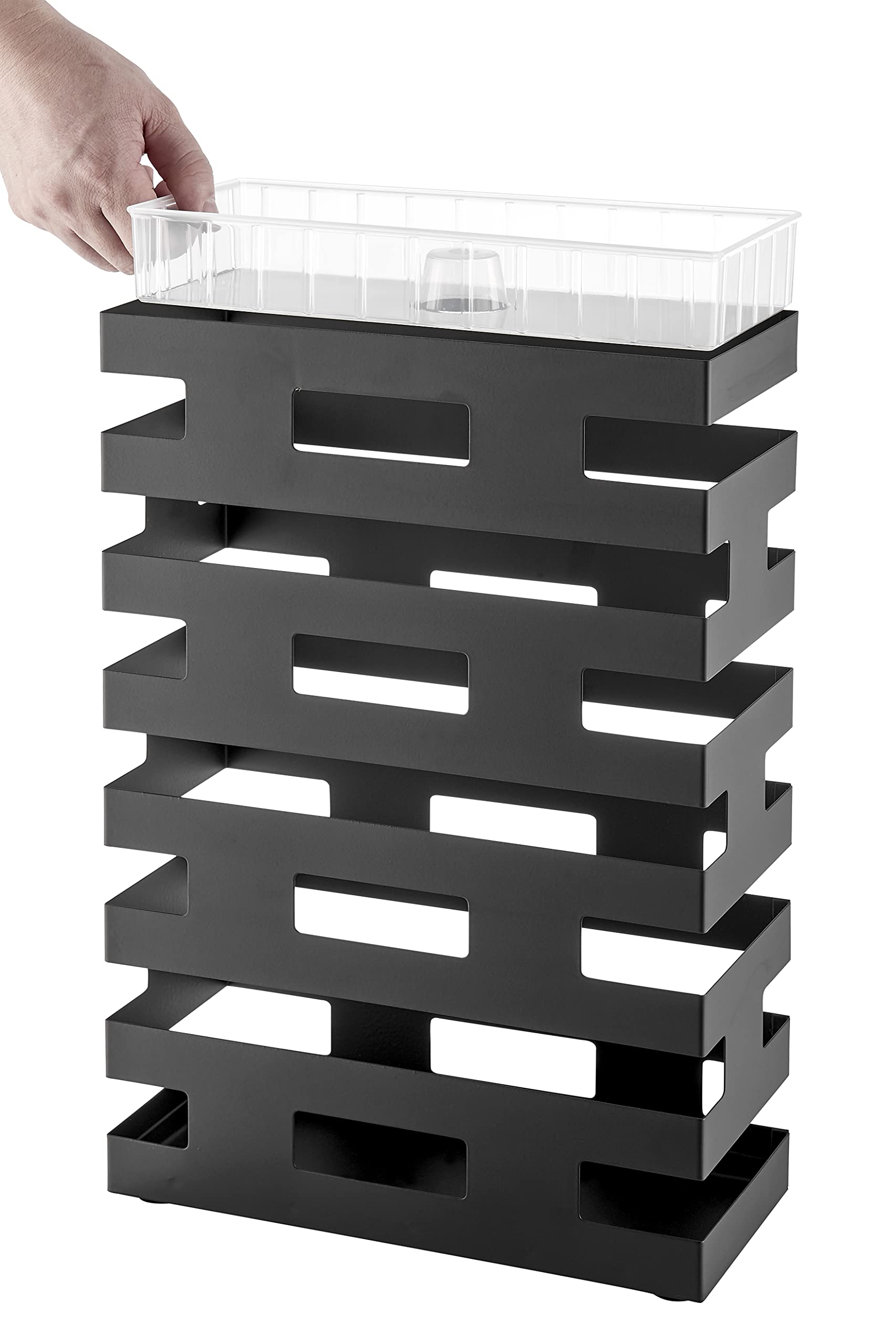 ACAZA Rechteckiger Schirmständer aus Metall mit Wasserbecken, schlichtes und modernes Design, Schwarz