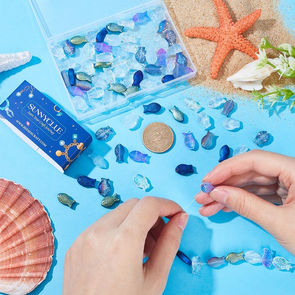 SUNNYCLUE 1 Box 90Pcs Fish Beads Fish Glass Beads Bulk Electroplated Frosted Blue Fish Animal Bead Summer Sea Ocean Animals Double Sided Loose Spacer Beads for Jewelry Making Beading Kits Adults - Image 3