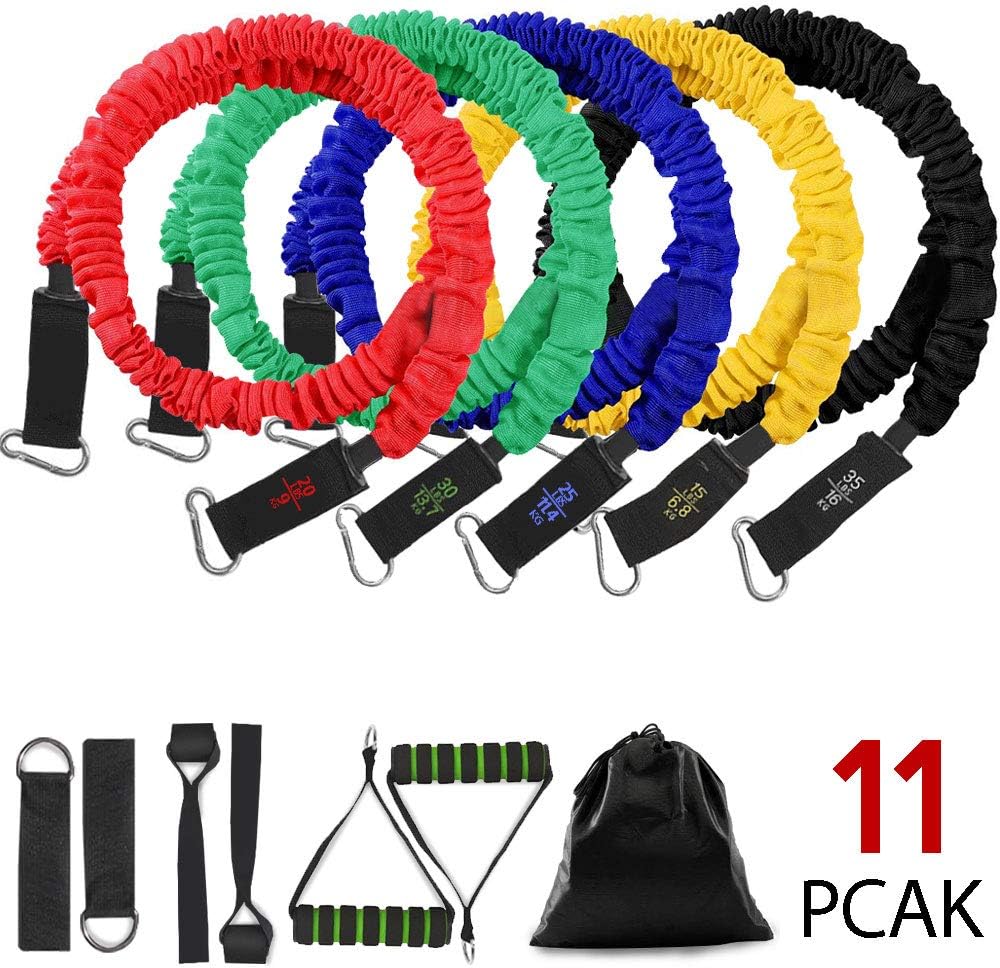 QLG&S Training Exercise Resistance Bands Set, 5 Color Fitness Home Workout Elastic Resistance Workout Bands with Handles for Resistance Training, Physical Therapy, Yoga, Pilates