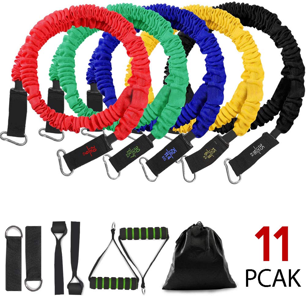QLG&S Training Exercise Resistance Bands Set, 5 Color Fitness Home Workout Elastic Resistance Workout Bands with Handles for Resistance Training, Physical Therapy, Yoga, Pilates