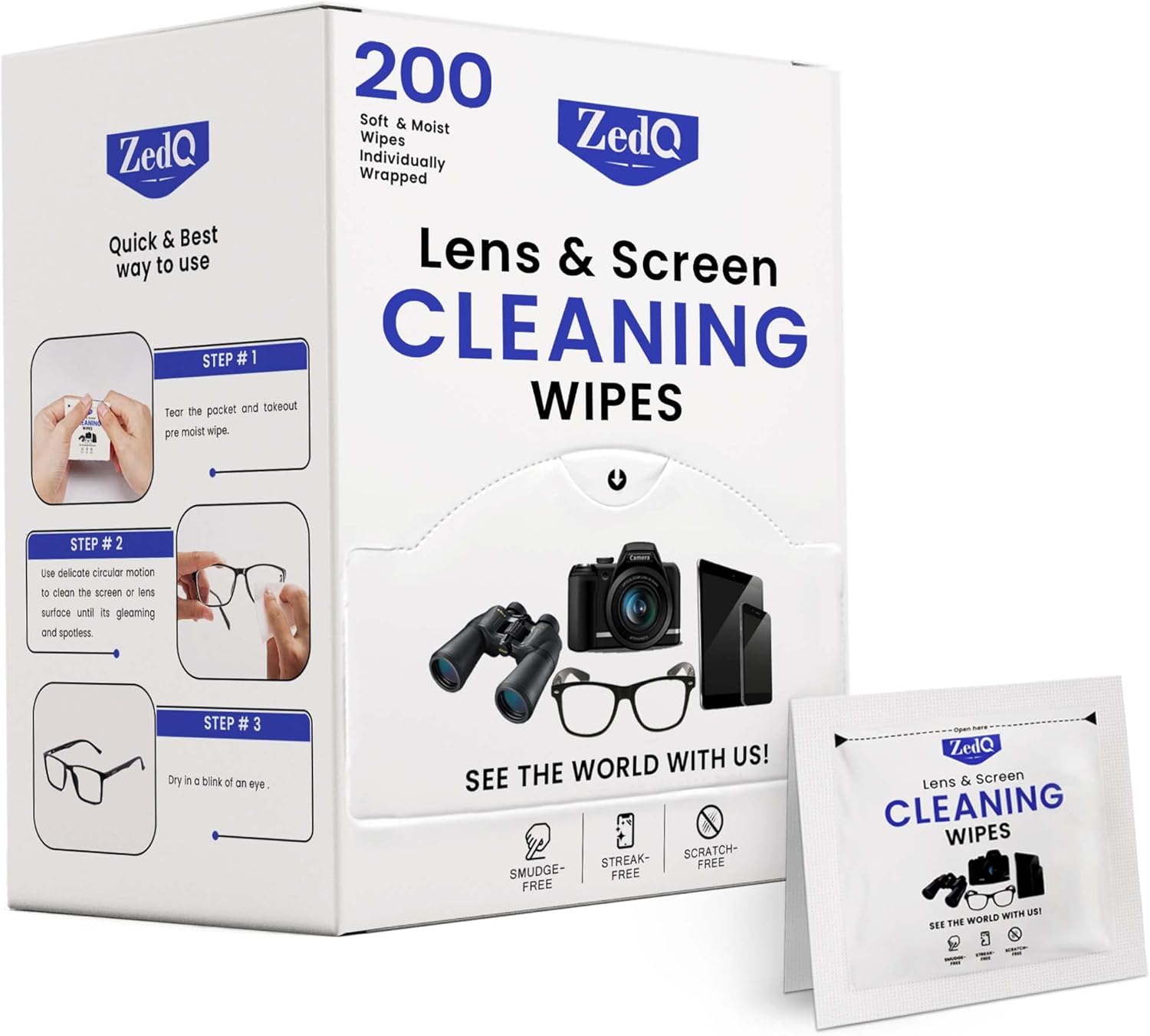 ZedQ Glasses Wipes 200 Pack with Super Soft Microfiber Cloth Individually Wrapped Lens