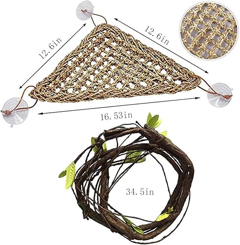 PINVNBY Vines for Reptile Tank,Reptiles Plants for Habitat,Bearded Dragon Hanging Plant Decoration Artificial Leaves Accessories Lizard Natural Seagrass Hammock for Chameleon Geckos Snake