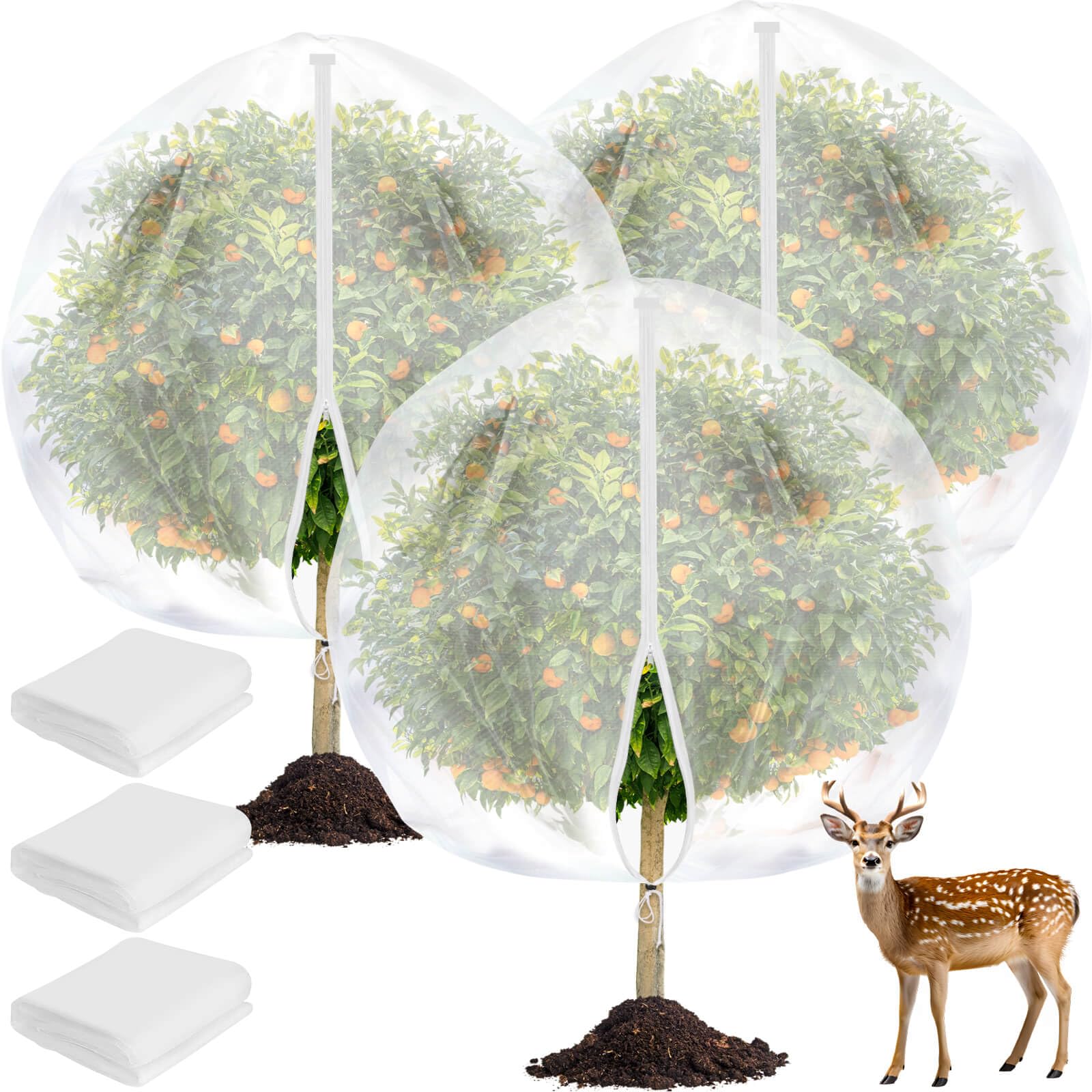 Red de árboles frutales de 10 x 10 pies con cremallera, 3 redes grandes para árboles frutales con cordón, red para plantas, jardín, insectos, pájaros, barrera de plagas para melocotón, cereza