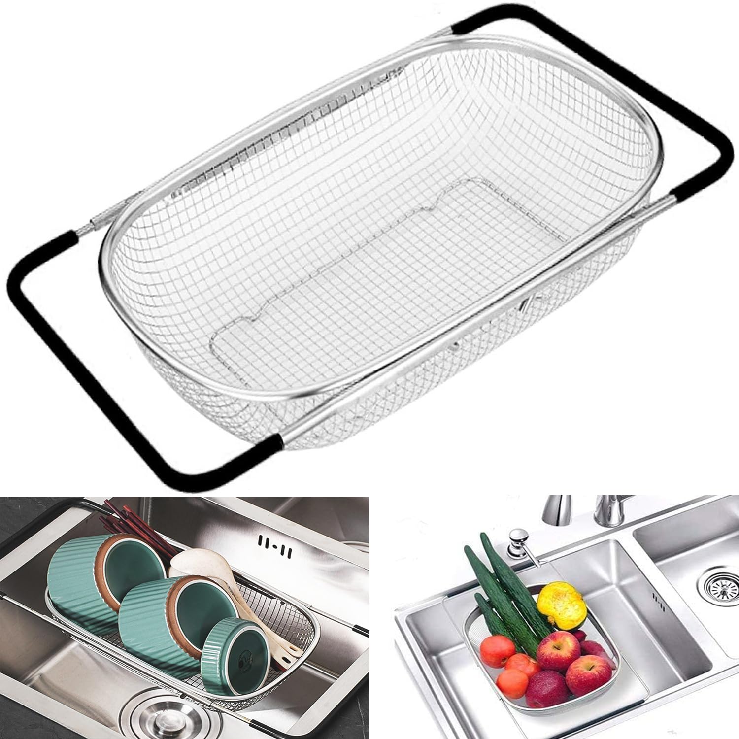 Scolapasta Acciaio Inox Da Lavello, Colino Cucina Per Il Lavaggio Di Verdura e Frutta, Estensibile, Utensili Da Cucina (Nero, Maglia)