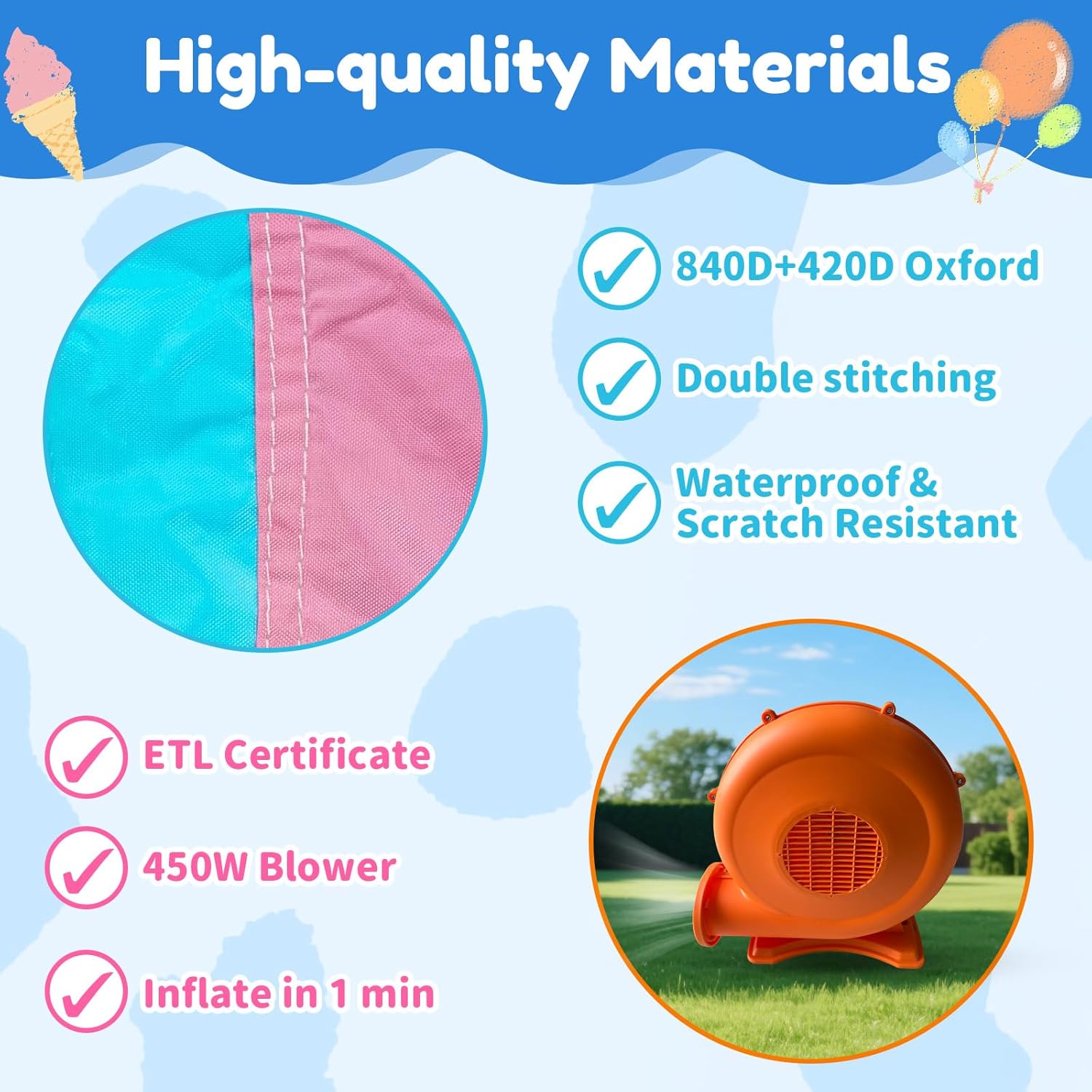 MUKDIY Inflatable Bounce House Double Slide, 9.5ft x9.5ft Jumping Castle for Kids,Heavy-Duty 840D Oxford Fabric, Ages 3-8, Includes 350W Blower, 8 Stakes, Repair Kit (Up to 3 Kids), Pink & Blue