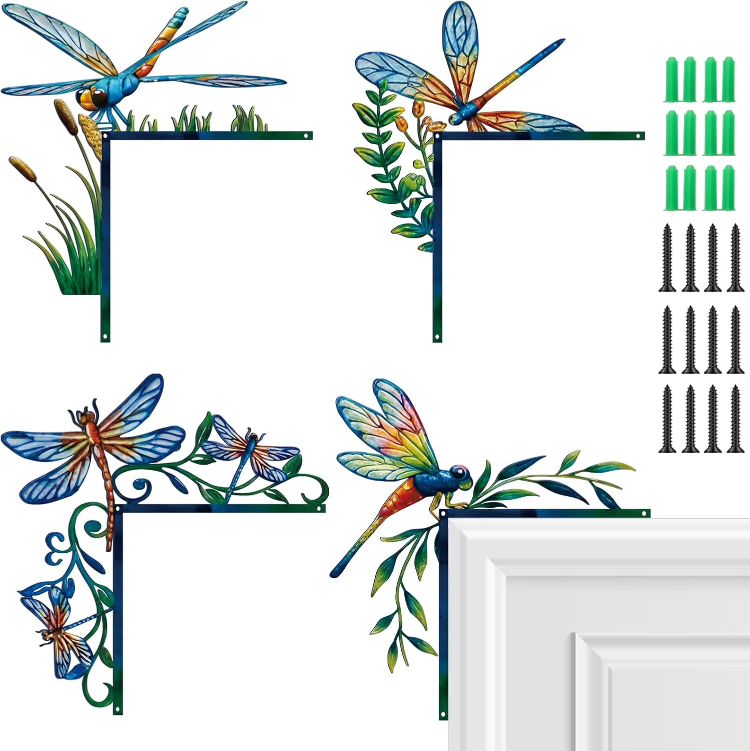 MorningRo 4 Pcs Door Frame Decoration Set Metal, Wall Art Decor Corner Sign Bathroom Decor for Indoor Outdoor Door Home Window Office(Dragonfly,Multicolor)