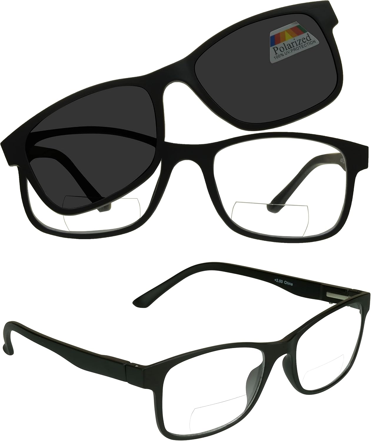 proSPORT Bifocal Sun Glasses with Magnetic Polarized Clip On Gray Brown Lenses Black 1.25 1.50 1.75 2.00 2.25 2.50 2.75 3.00