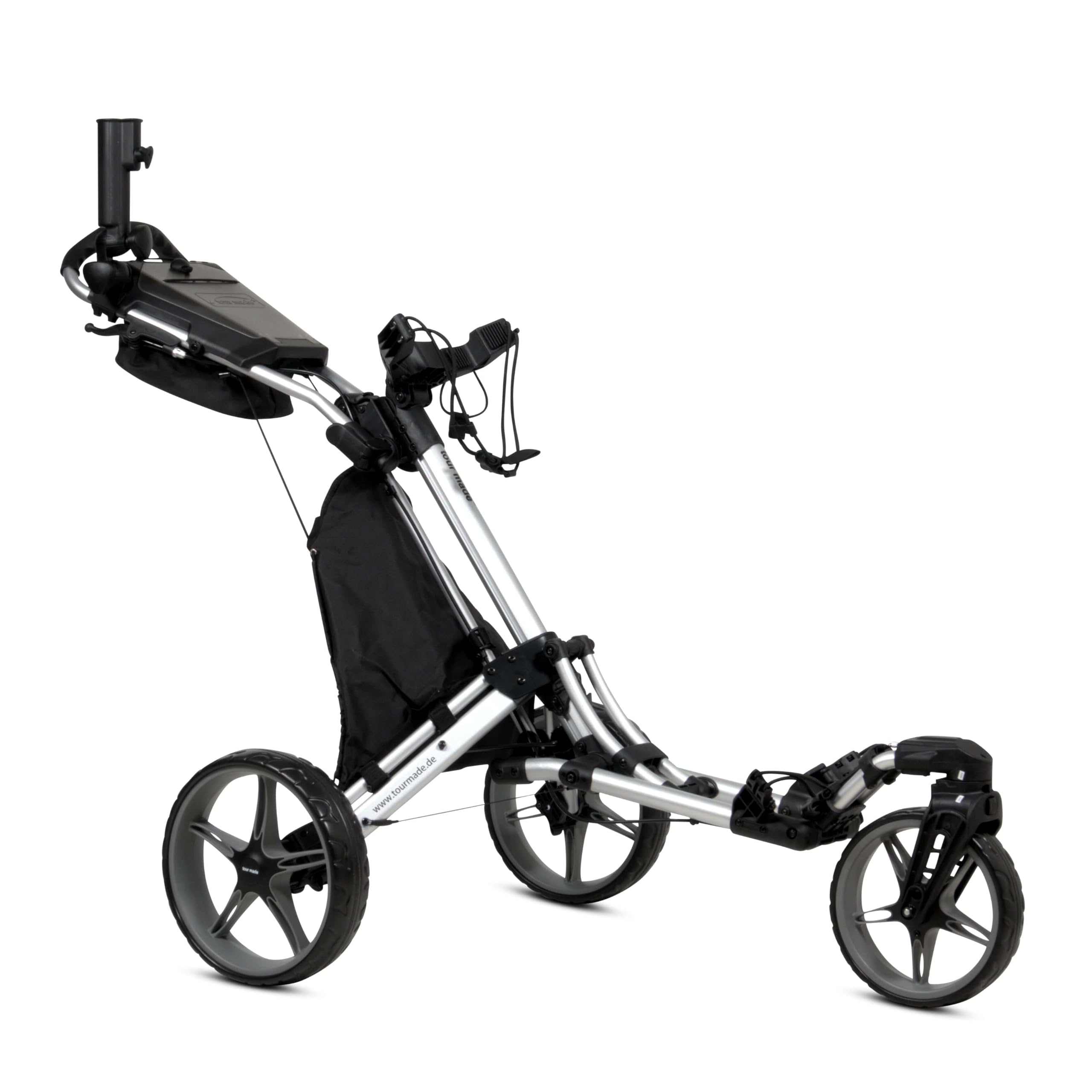 tour-made RT-140 & RT-150 & RT-160 I Push Golf Trolley Foldable 3 Wheels I Load up to 25 kg - Strong Aluminium Frame I German Quality I Many Accessories Included (150-SILVER-GREY)