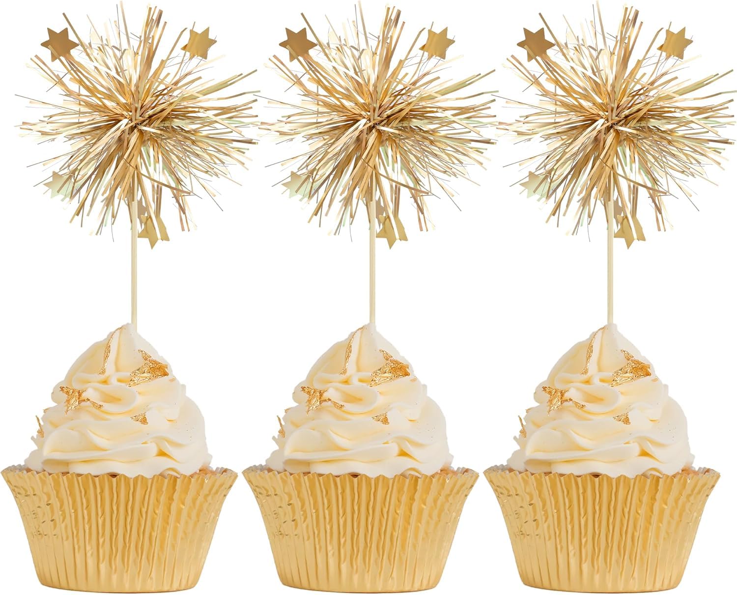 Nymora 30Pcs Foil Firework Cupcake Toppers Happy Birthday Cake Toppers Sparkle Tinsel Flower Drink Stirrers Cocktail Food Fruit Toothpicks for Valentine's Day Party Supplies Gold
