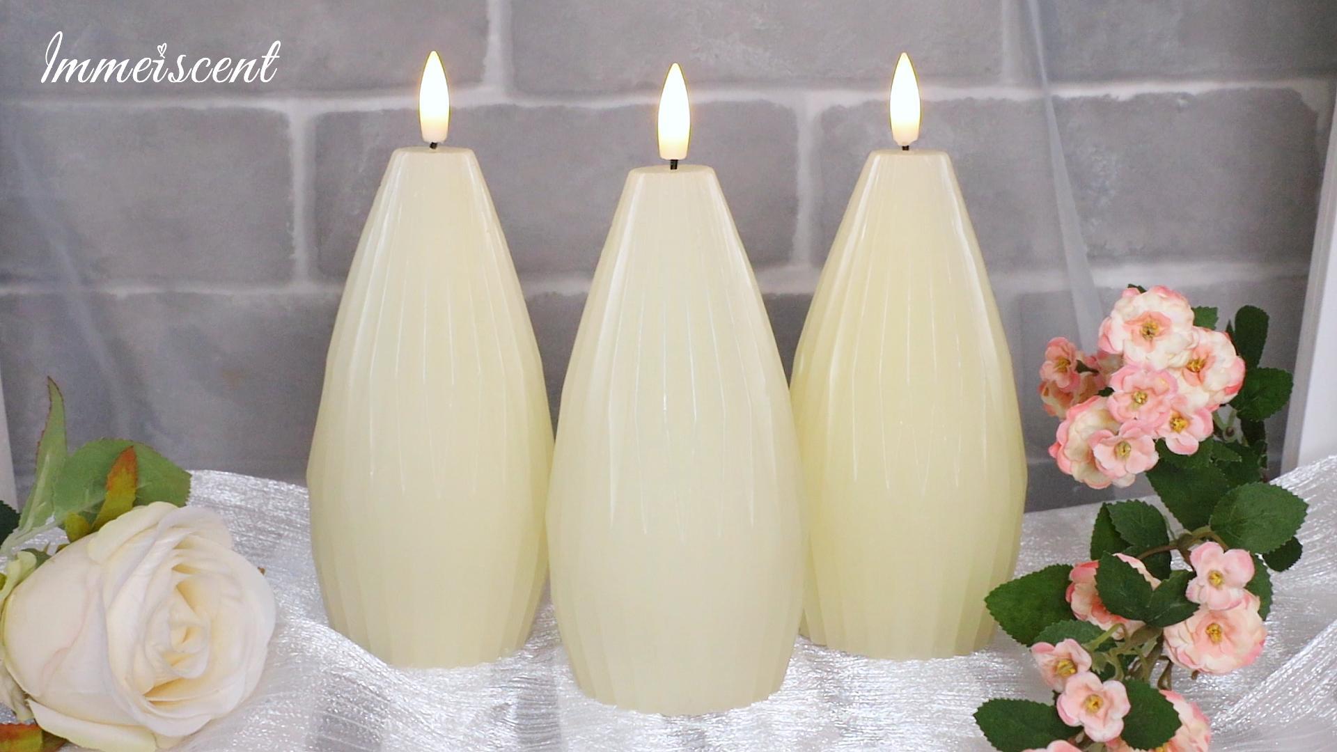 Image of Ivory White Ribbed Flameless Candles Battery Operated with Remote Geometric Aesthetic Flickering LED Real Wax Candle Vintage Home Decor for Christmas Table Fireplace Mantel, 3 Pack