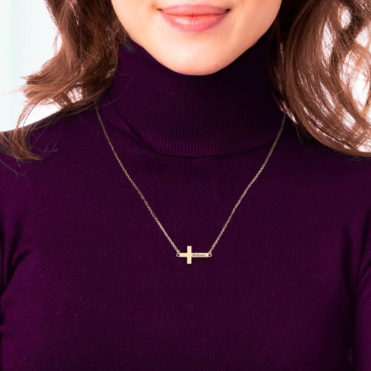 Certified 14k Gold Engraved Sideways Cross Necklace Custom Made with Any Name