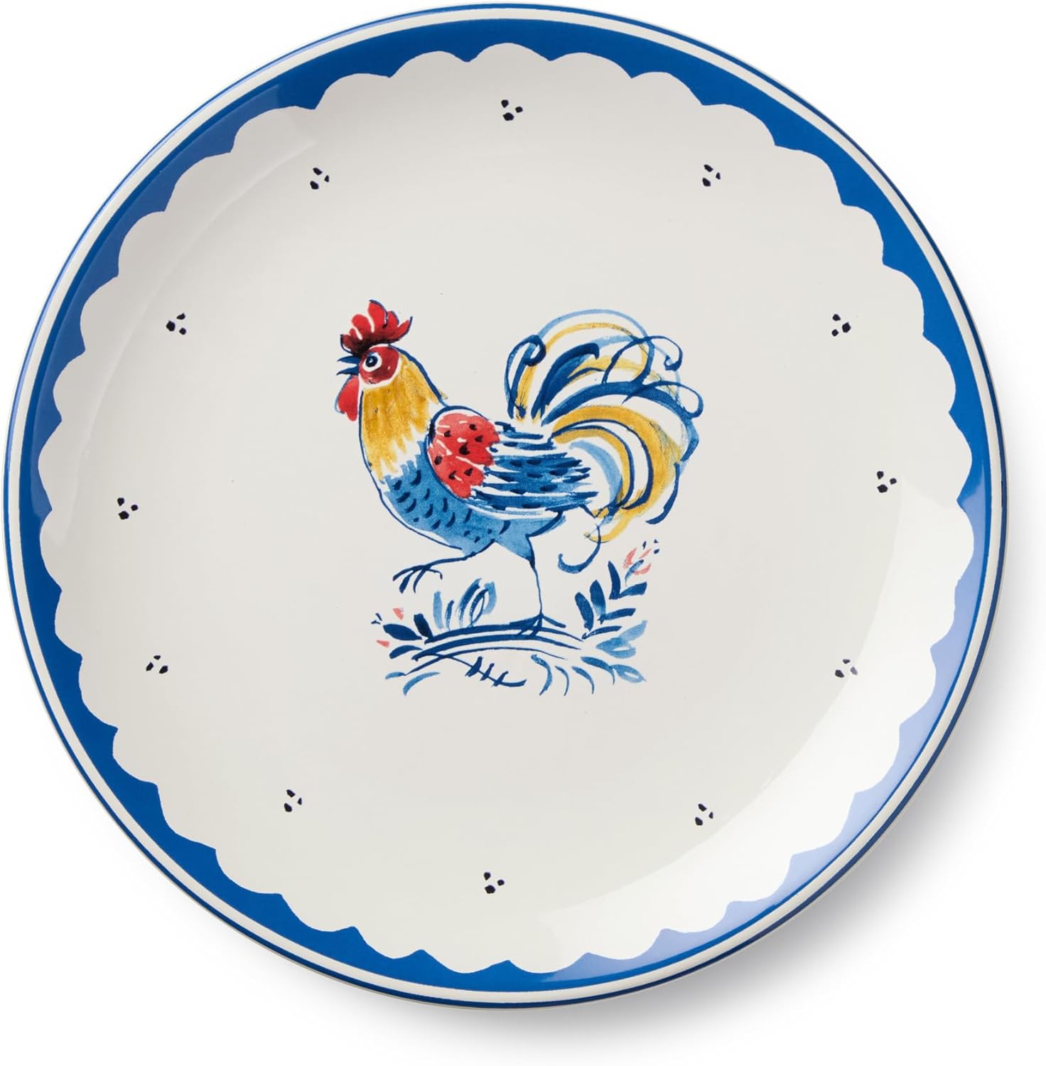 French Rooster Ceramic SALAD/DESSERT PLATES,SET OF 4, 9‑inch plates with cobalt borders and classic rooster motifs, perfect for salads, desserts, brunch, farmhouse kitchens, rustic French décor