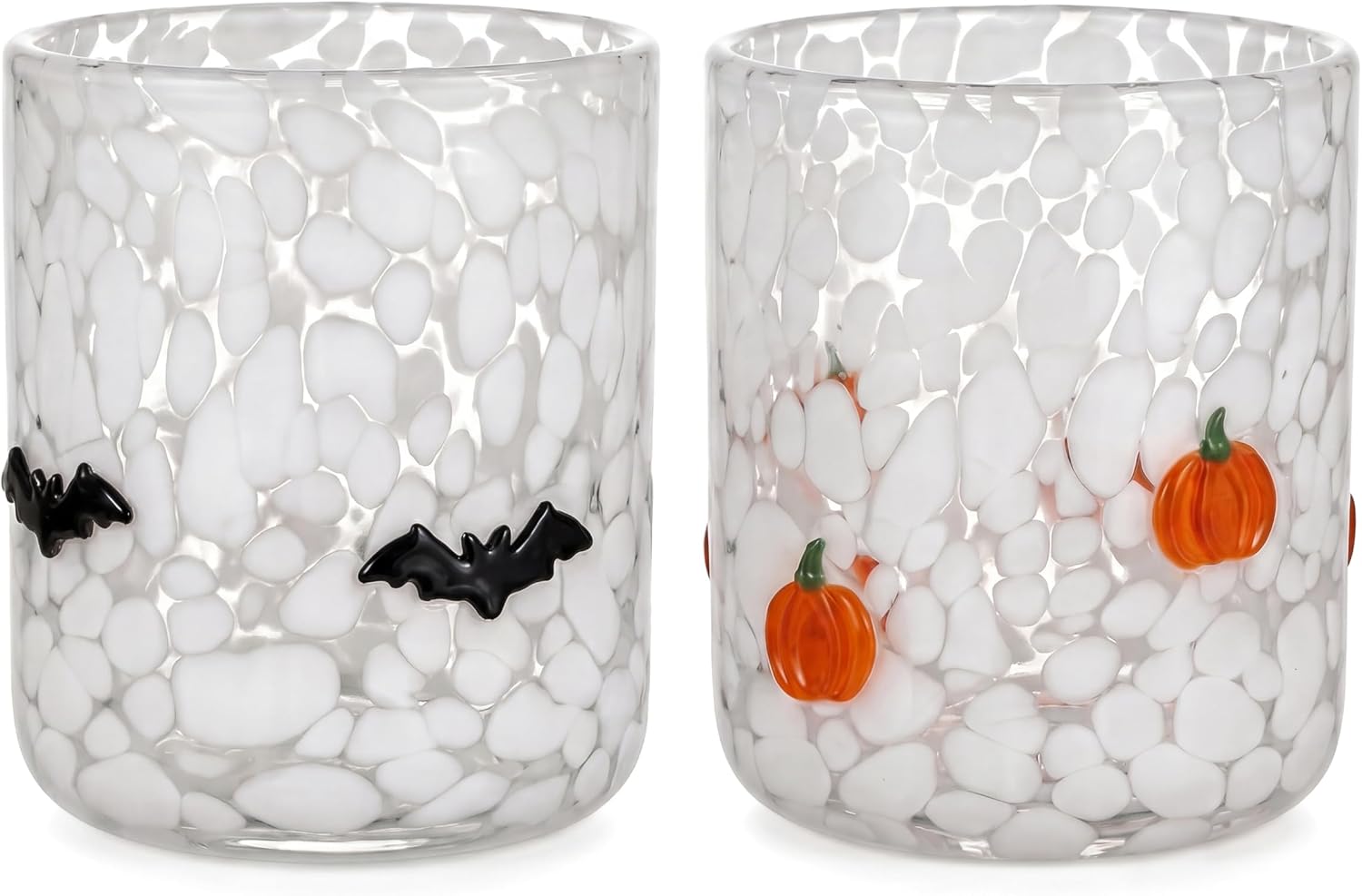 2 Pcs 16oz Halloween Cute Icon Glass Cups, Hand Blown Pumpkin & Bat