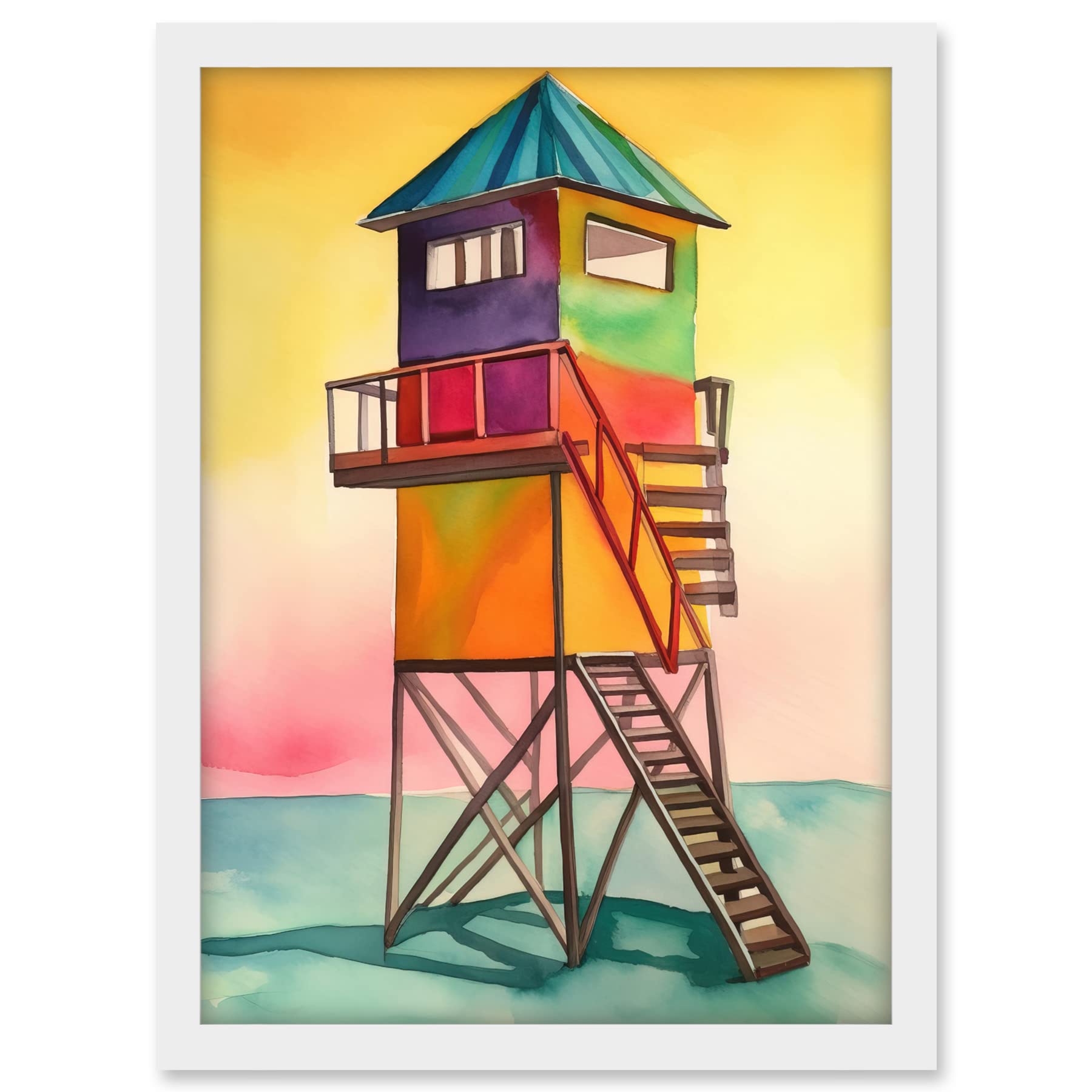 Artery8 Rainbow Lifeguard Tower Folk Art Watercolour Painting Artwork Framed A3 Wall Art Print