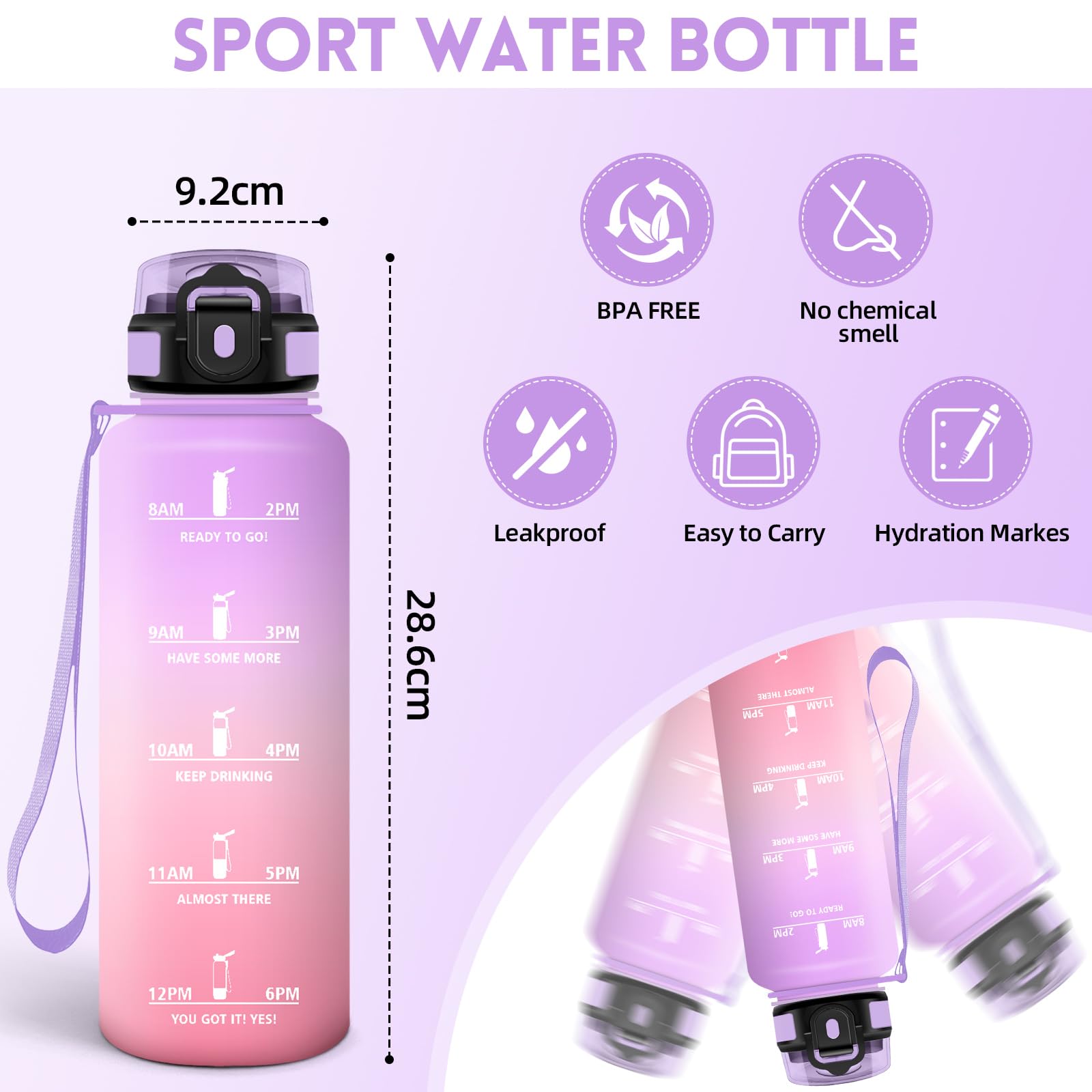 Motswedi Borraccia 1.5l, Borraccia Palestra, a Prova di Perdite Bottiglia acqua, Include Spugna di Pulizia, Motivazionale Bottiglia Plastica 1.5 litri - Lilla Delicato & Rosa Chiaro