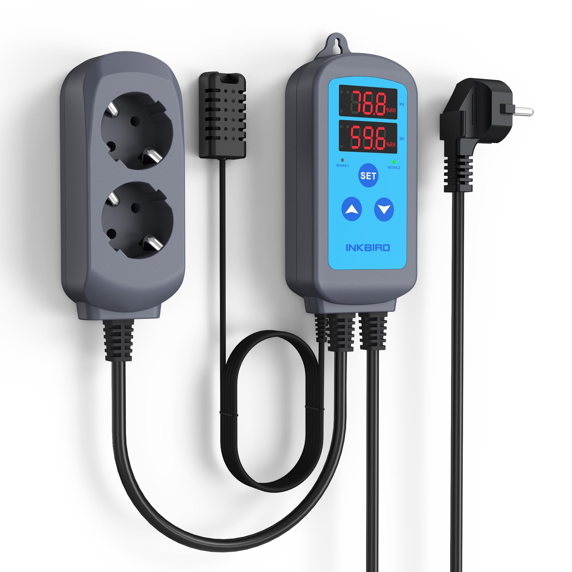 Inkbird Regulador de humedad Salida de relé dual, IHC-200 Higrómetro Higrostato 220 V Juego y enchufe, para invernadero de hongos Terrario Reptiles