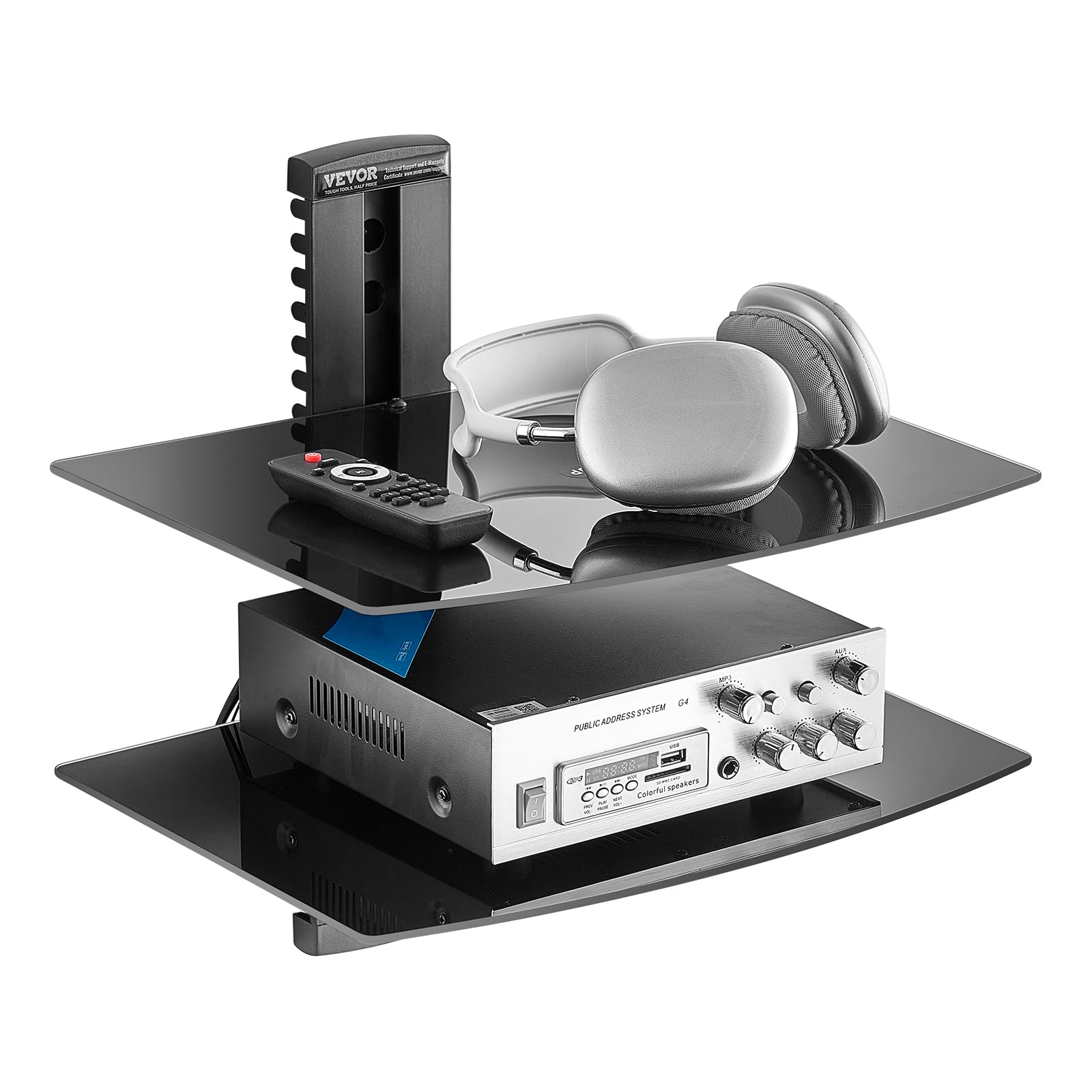 VEVOR Glass Floating Shelves, Holds up to 18 lbs, TV Wall Mount with Shelf，Strengthened Floating Entertainment Center for DVD Players / PS4 / Cable Boxes/Game Consoles/Sky Box/TV Accessories-3 Tiers