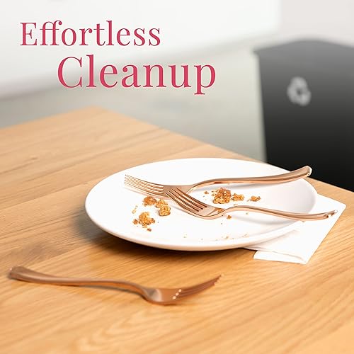 Vista 62 de Prestee Paquete de 100 tenedores de plástico plateado resistentes – Elegantes tenedores desechables – Juego de cubiertos plateados de plástico